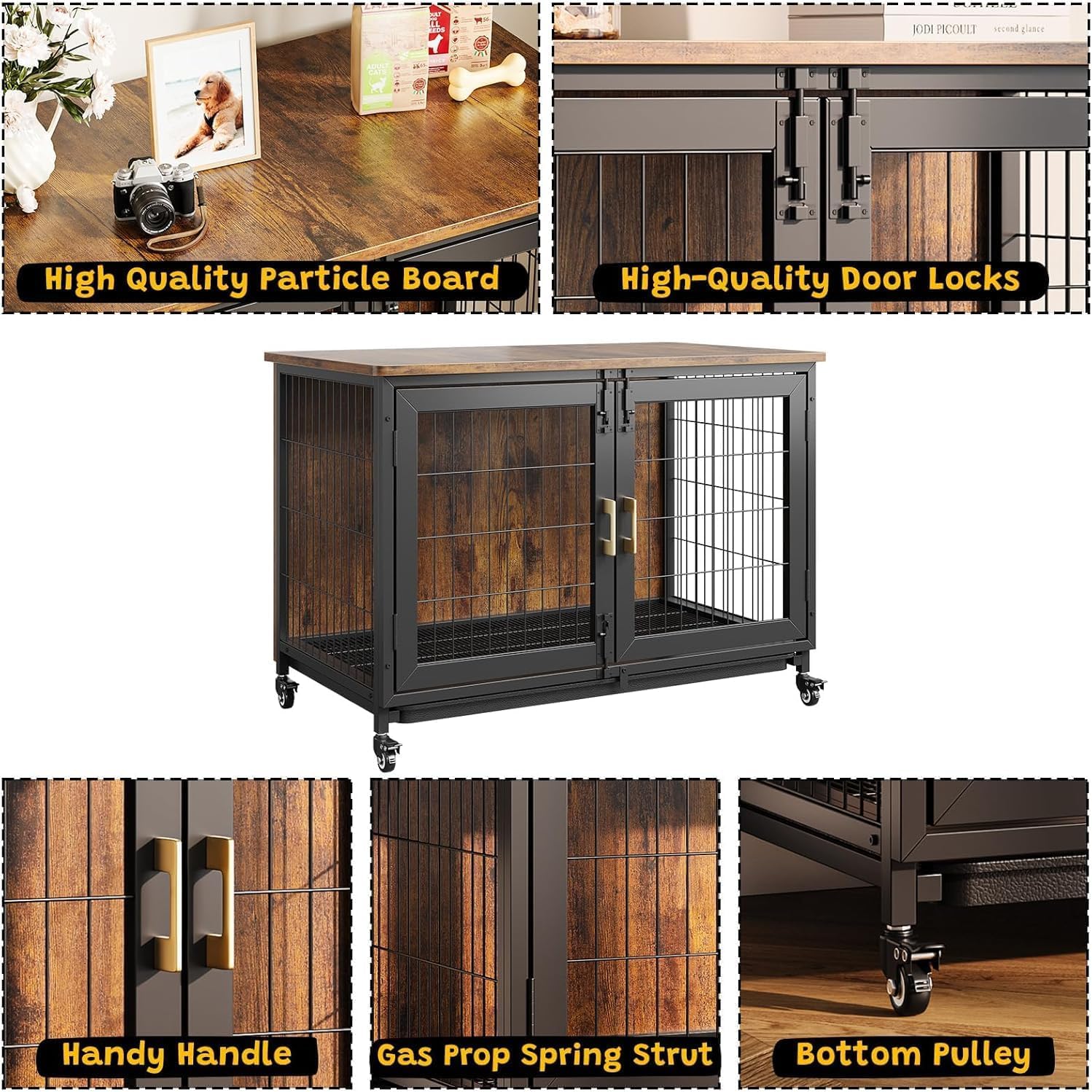 Garvee 37.5" Heavy Duty Dog Crate Furniture with Durable Steel Frame, Removable Tray, Locking Wheels, 300lb Capacity Indoor Kennel for Large Dogs, Multi-Functional Pet Cage & Storage Table