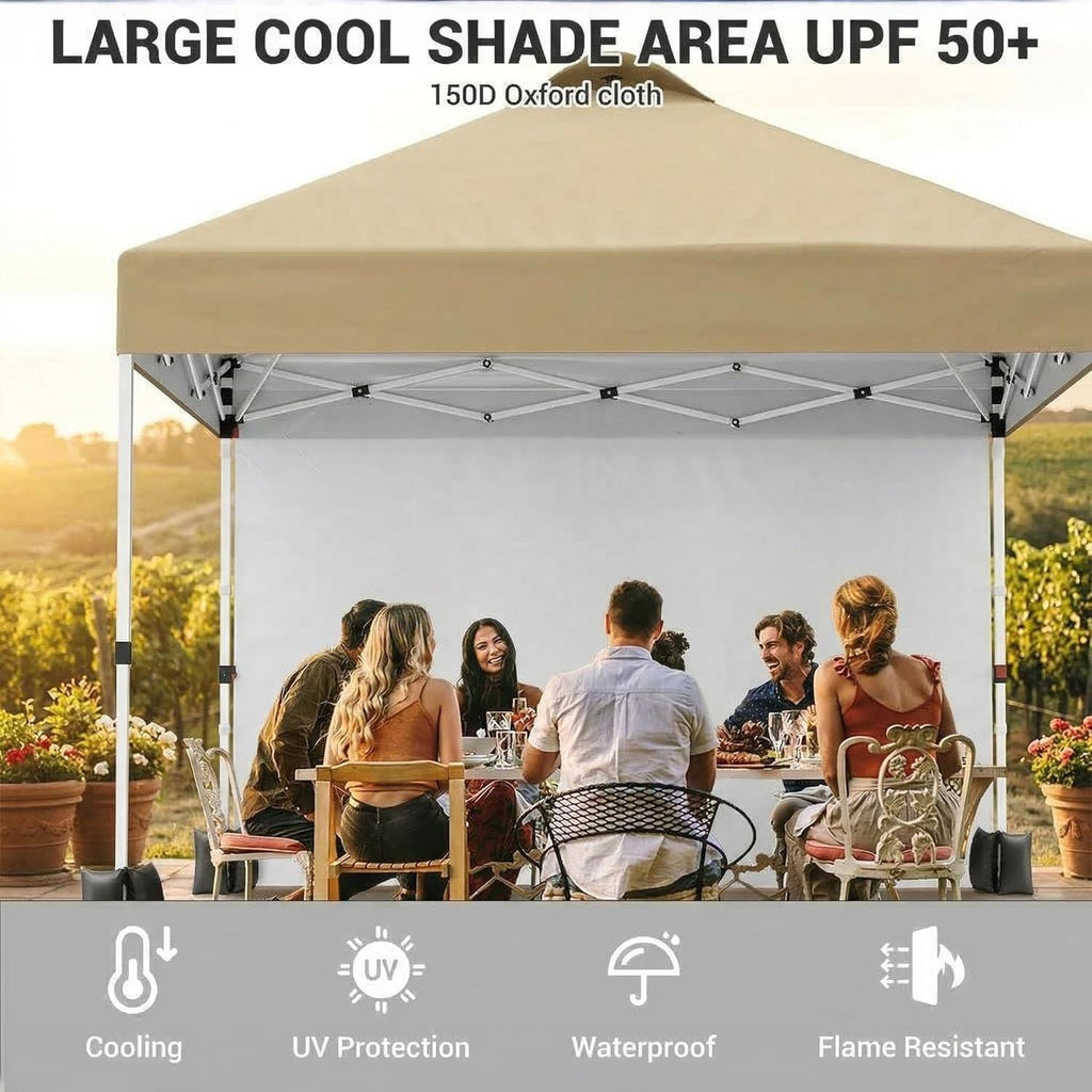 Garvee 10x10 Pop Up Canopy Tent with Sidewall, Instant Outdoor Canopy Shelter with Vented Roof, One Push Easy Setup Gazebo Includes Wheeled Storage Bag, Sandbags, Stakes & Ropes for Camping, Picnic & Backyard, Khaki