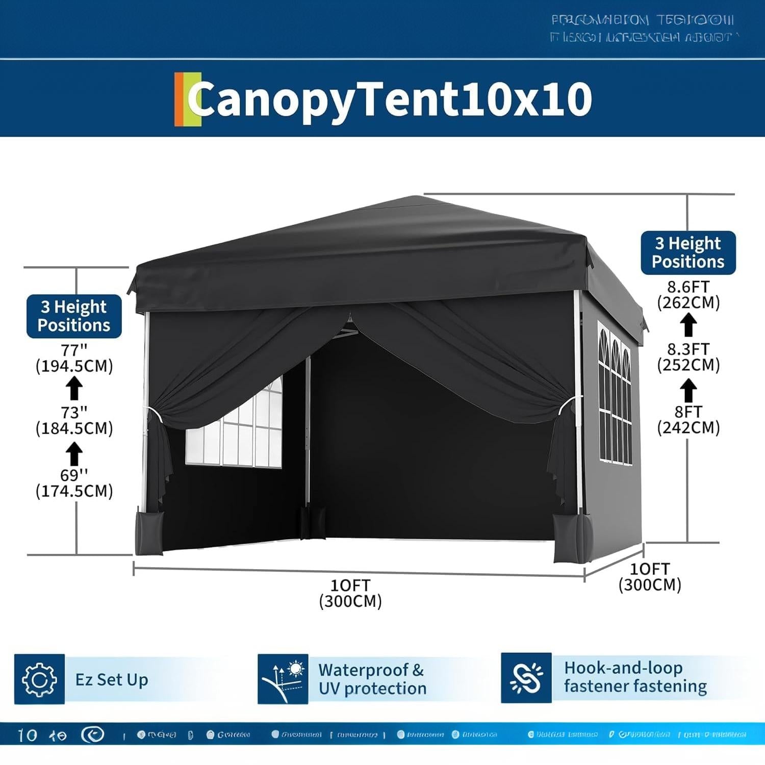 Garvee Pop Up Gazebo, 10 x 10 FT Steel Frame Canopy with 4 Removable Sidewalls, Mesh Windows and Zipper Doors for Parties and Backyard Events, Black