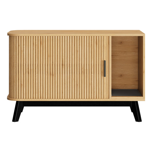 Garvee Modern Hidden Cat Litter Box Furniture – 39" Cat House Side Table with Sliding Door, Litter Mat, Multi-Functional Pet Enclosure for Living Room – Natural Wood Color