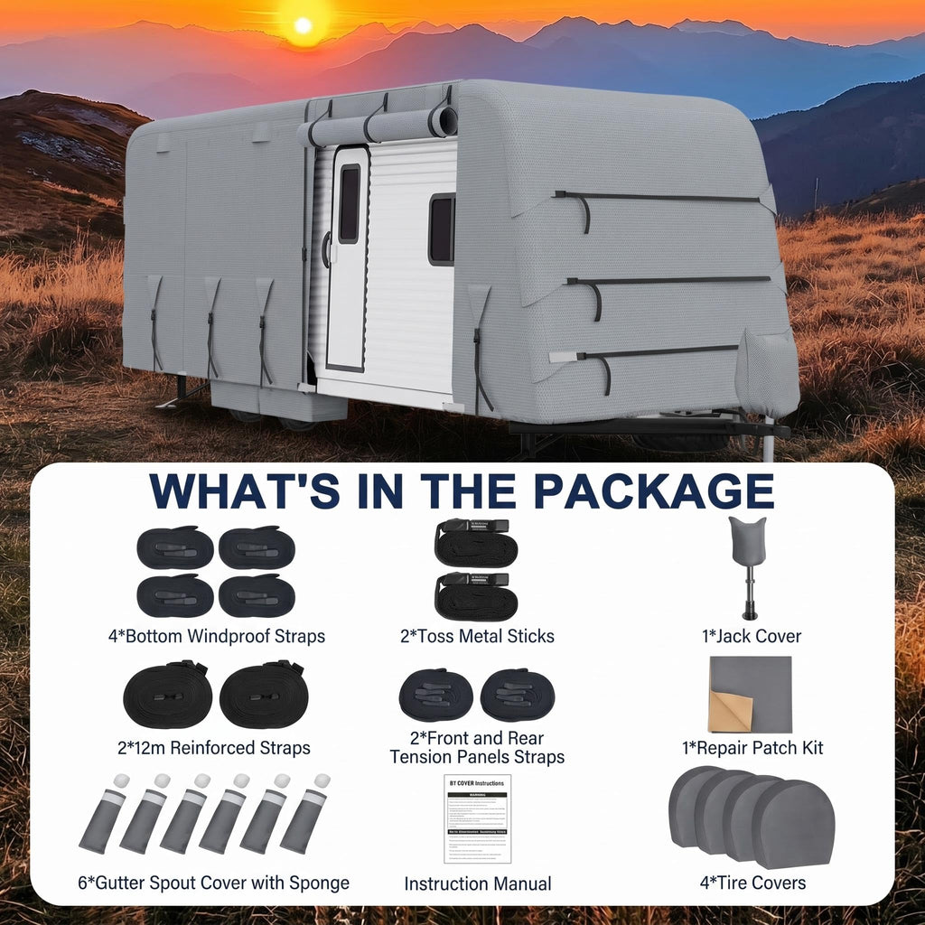 Garvee 33-35FT Heavy-Duty Trailer Cover for Campers, 4-Ply Oxford RV Cover with Waterproof Roof, Breathable Side Vents, UV Protection, Tie-Down Straps, Zipper Access, Tire Covers, and Storage Bag, Grey