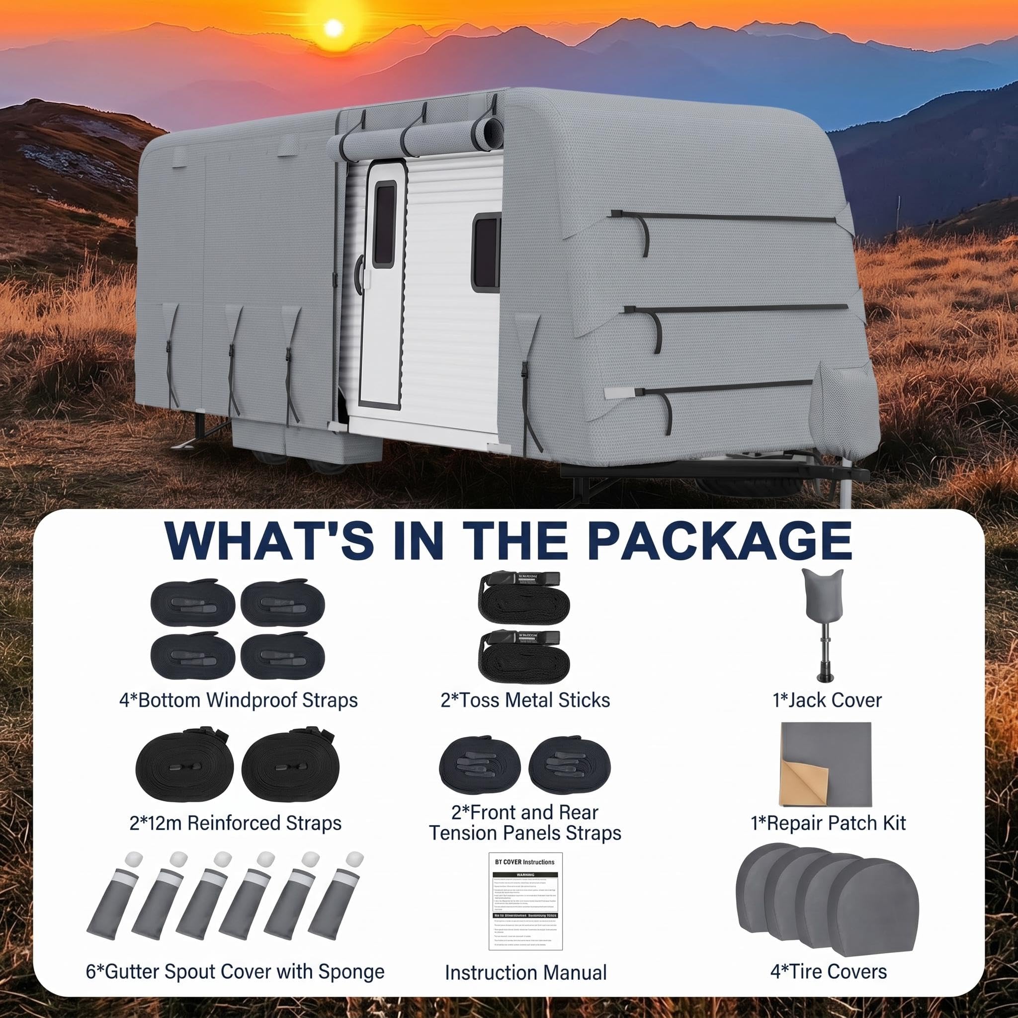 Garvee 33-35FT Heavy-Duty Trailer Cover for Campers, 4-Ply Oxford RV Cover with Waterproof Roof, Breathable Side Vents, UV Protection, Tie-Down Straps, Zipper Access, Tire Covers, and Storage Bag, Grey