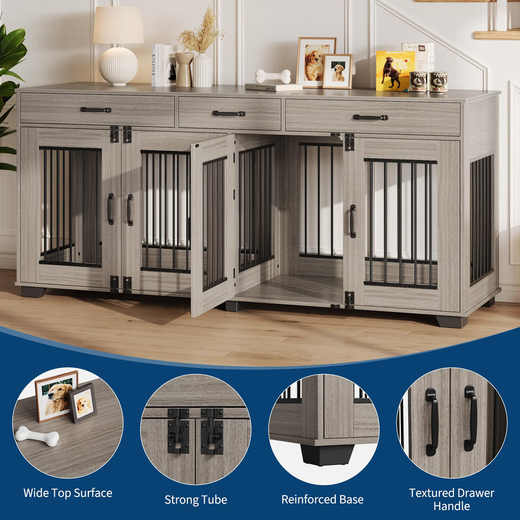 Garvee 71" Large Dual-Room Dog Crate with 3 Drawers, Double Doors, Metal & Wood, Storage & Security, Grey, Indoor Furniture Style