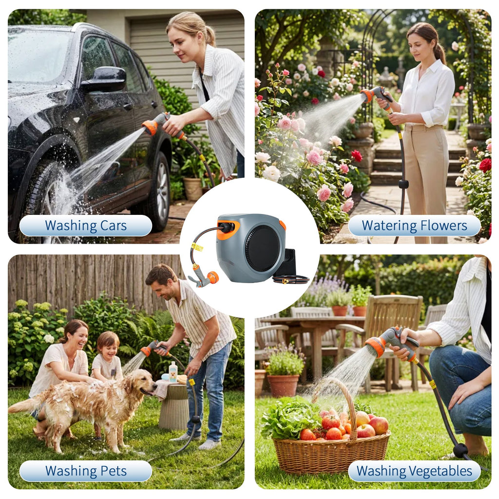 Garvee Retractable Garden Hose Reel, 5/8 in x 100 ft Wall Mount Water Hose Reel with 9-Pattern Nozzle, Any-Length Lock & Auto Rewind, Gray