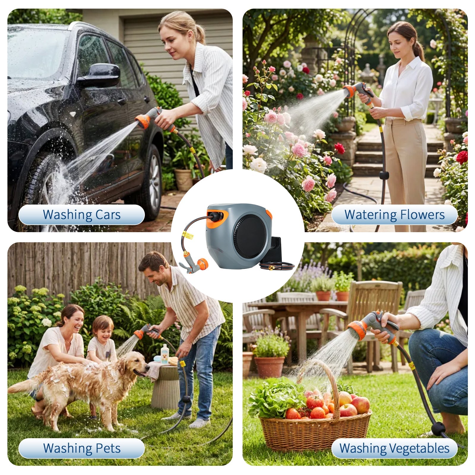 Garvee Retractable Garden Hose Reel, 5/8 in x 100 ft Wall Mount Water Hose Reel with 9-Pattern Nozzle, Any-Length Lock & Auto Rewind, Gray