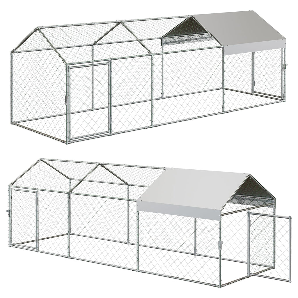 Garvee 118" x 39" Large Metal Chicken Coop with Outdoor Run - Galvanized Steel Poultry Cage with Waterproof Weather Cover & 2 Easy-Access Doors for Backyard Chickens, Ducks, & Rabbits (Silver)