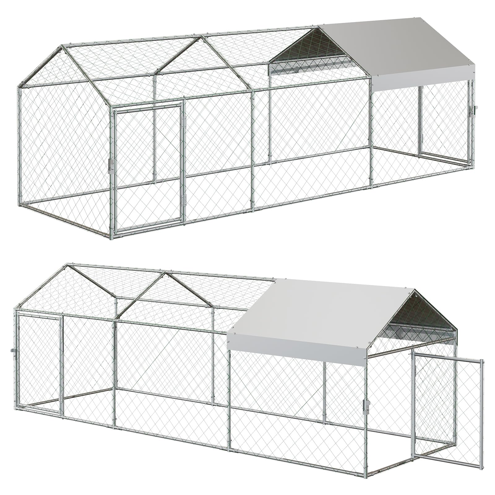 Garvee 118" x 39" Large Metal Chicken Coop with Outdoor Run - Galvanized Steel Poultry Cage with Waterproof Weather Cover & 2 Easy-Access Doors for Backyard Chickens, Ducks, & Rabbits (Silver)