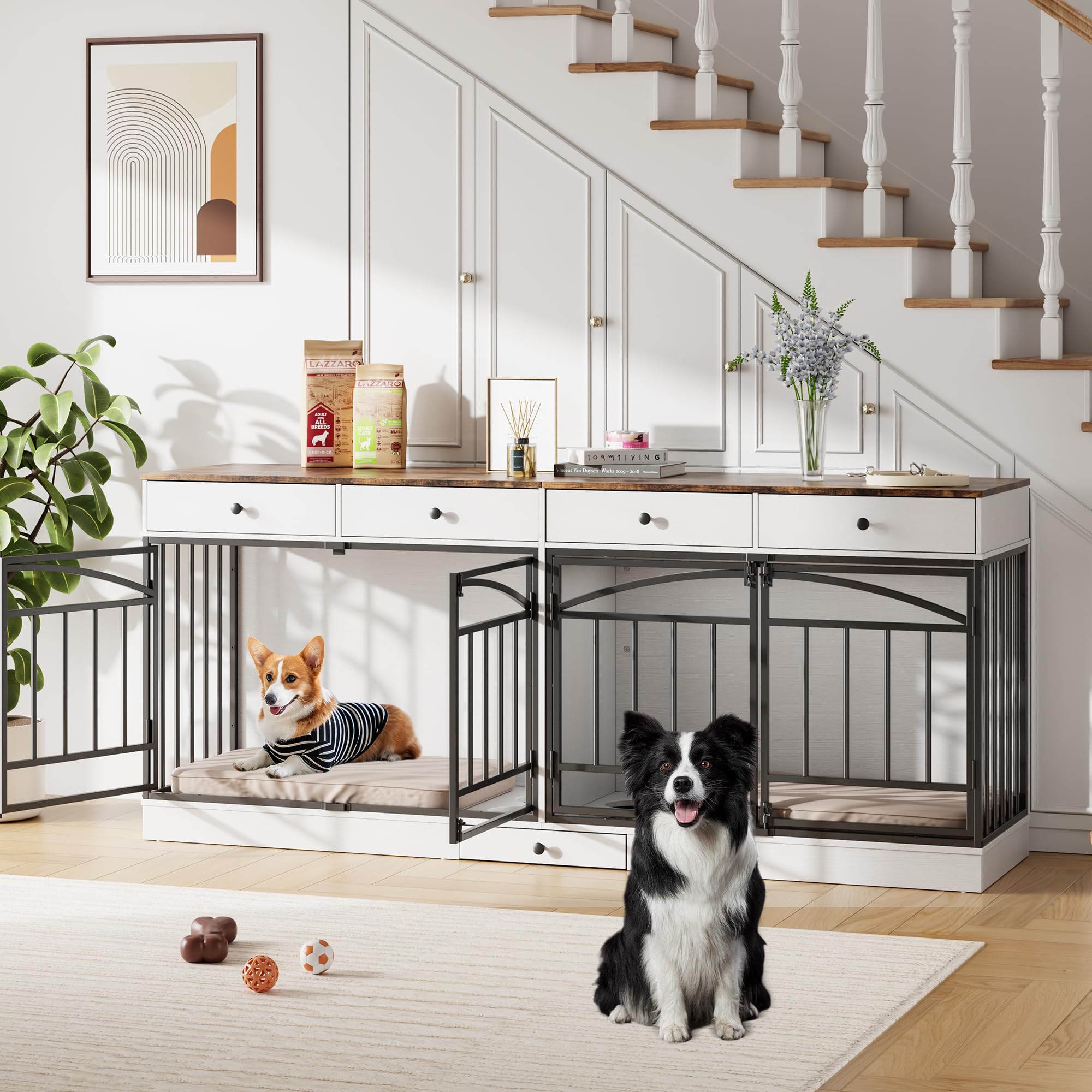 Garvee 78.7" Double Dog Crate Furniture with Storage and 4 Doors, Dog Kennel Indoor with Feeding Bowls, Wood Dog Crate TV Stand for Small Medium Dogs, White&Brown Top