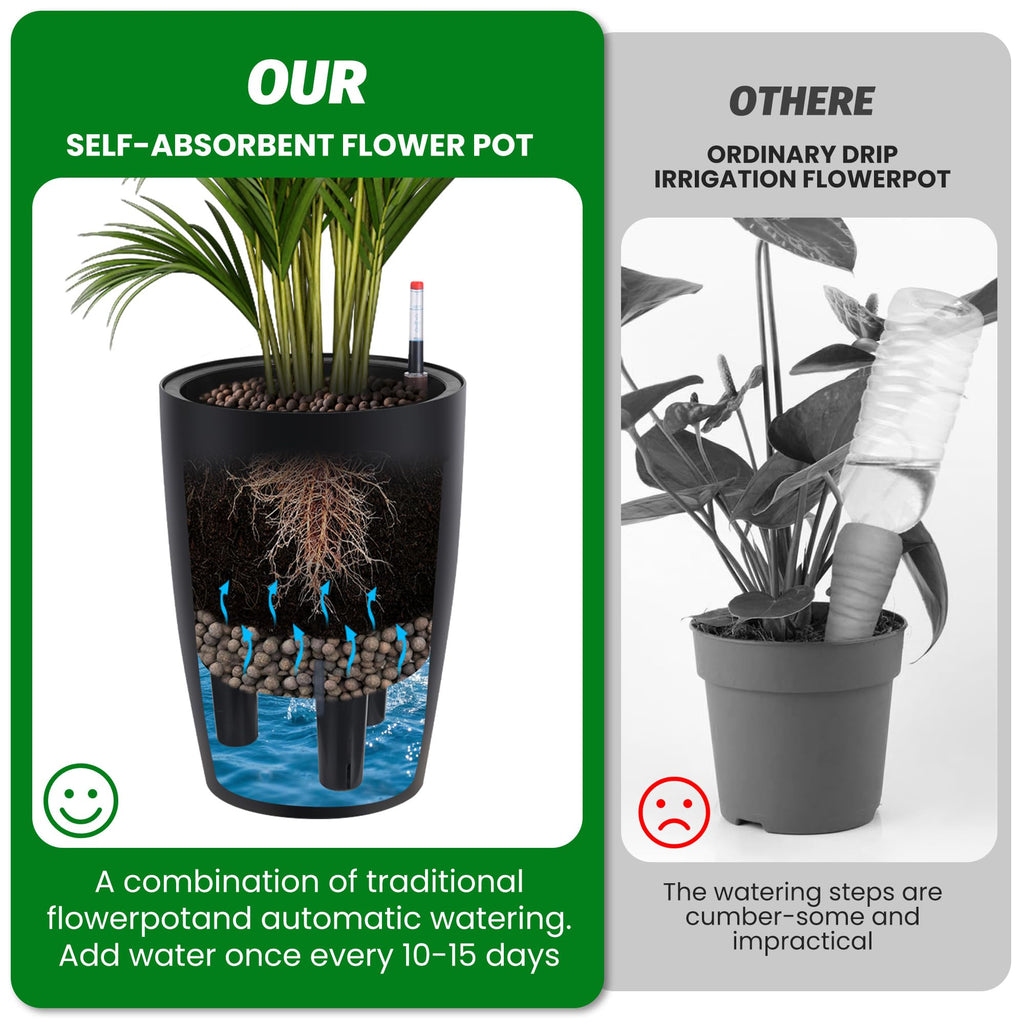 Garvee Self-Watering Tall Planters for Indoor and Outdoor Use, 2-Pack 16-Inch Black Plastic Pots with 2 Water Gauges and Built-In Drainage