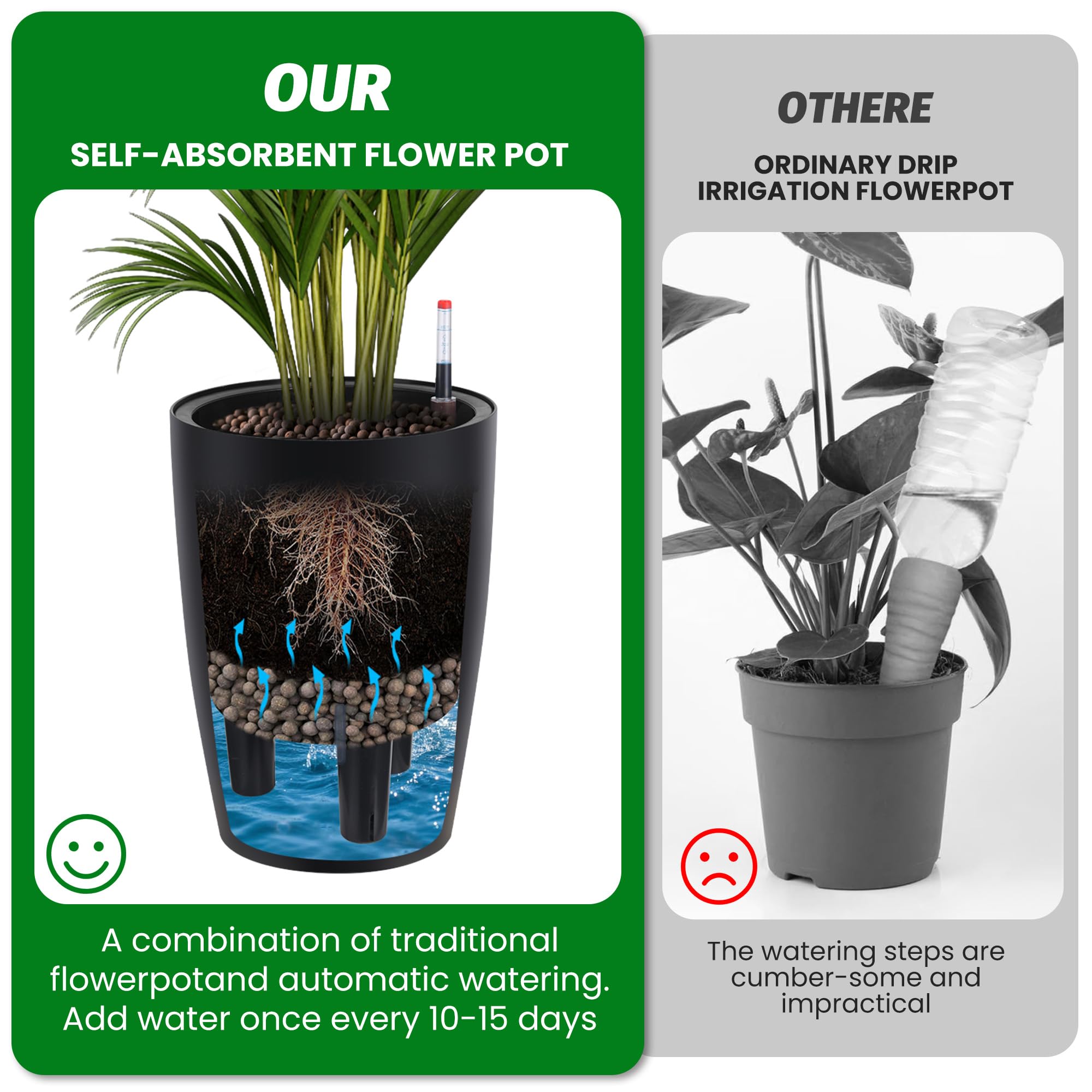 Garvee Self-Watering Tall Planters for Indoor and Outdoor Use, 2-Pack 16-Inch Black Plastic Pots with 2 Water Gauges and Built-In Drainage