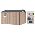 Garvee 10x8FT Brown Metal Outdoor Storage Shed with Pushable Window, LED Light & Pegboard, Lockable Double Doors, Sloping Roof, Ventilation, Corrosion-Resistant Steel Garden Tool Shed for Patio, Backyard & Garage