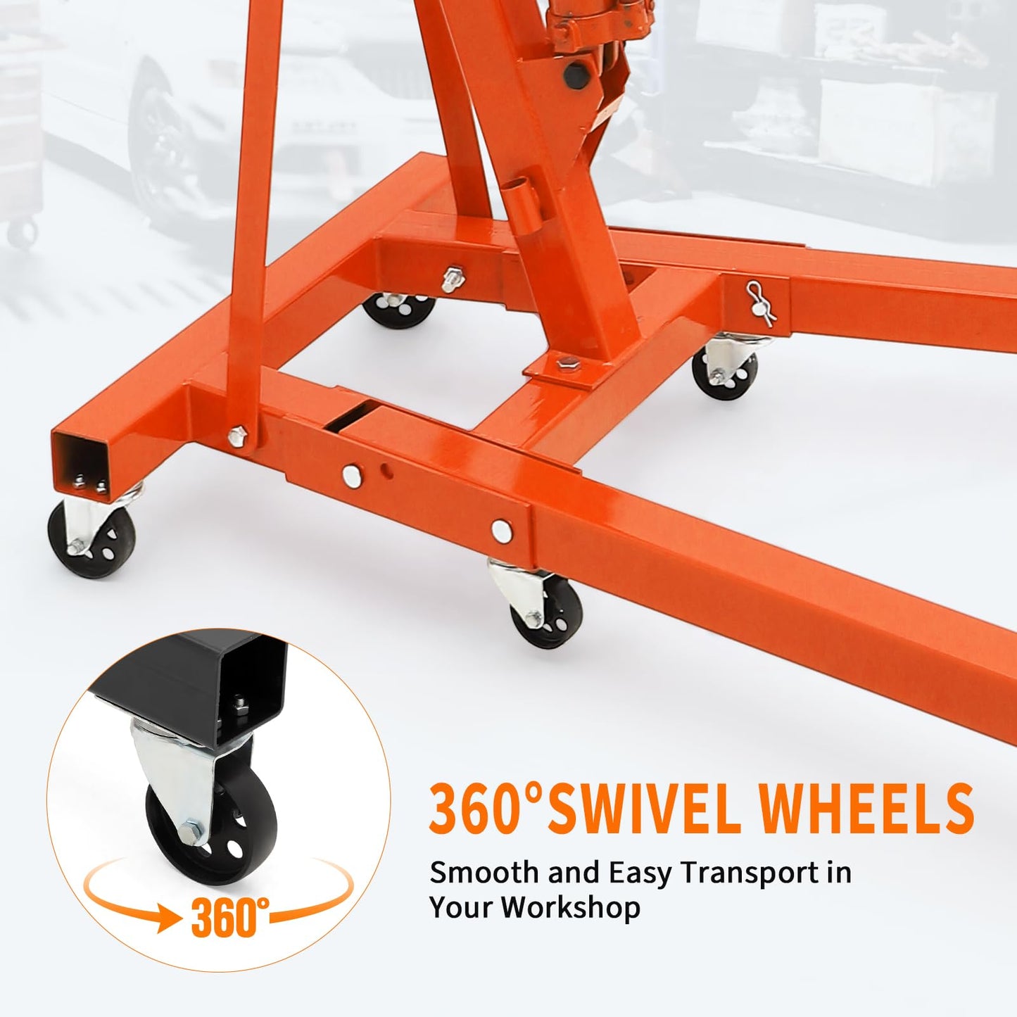 Garvee 2-Ton Hydraulic Folding Engine Hoist Cherry Picker – 4400 Lb Capacity, Telescoping Boom, 6 Caster Wheels – Heavy Duty Shop Crane for Automotive Repair, Garage & Workshop – Orange without stabilizer, 2T