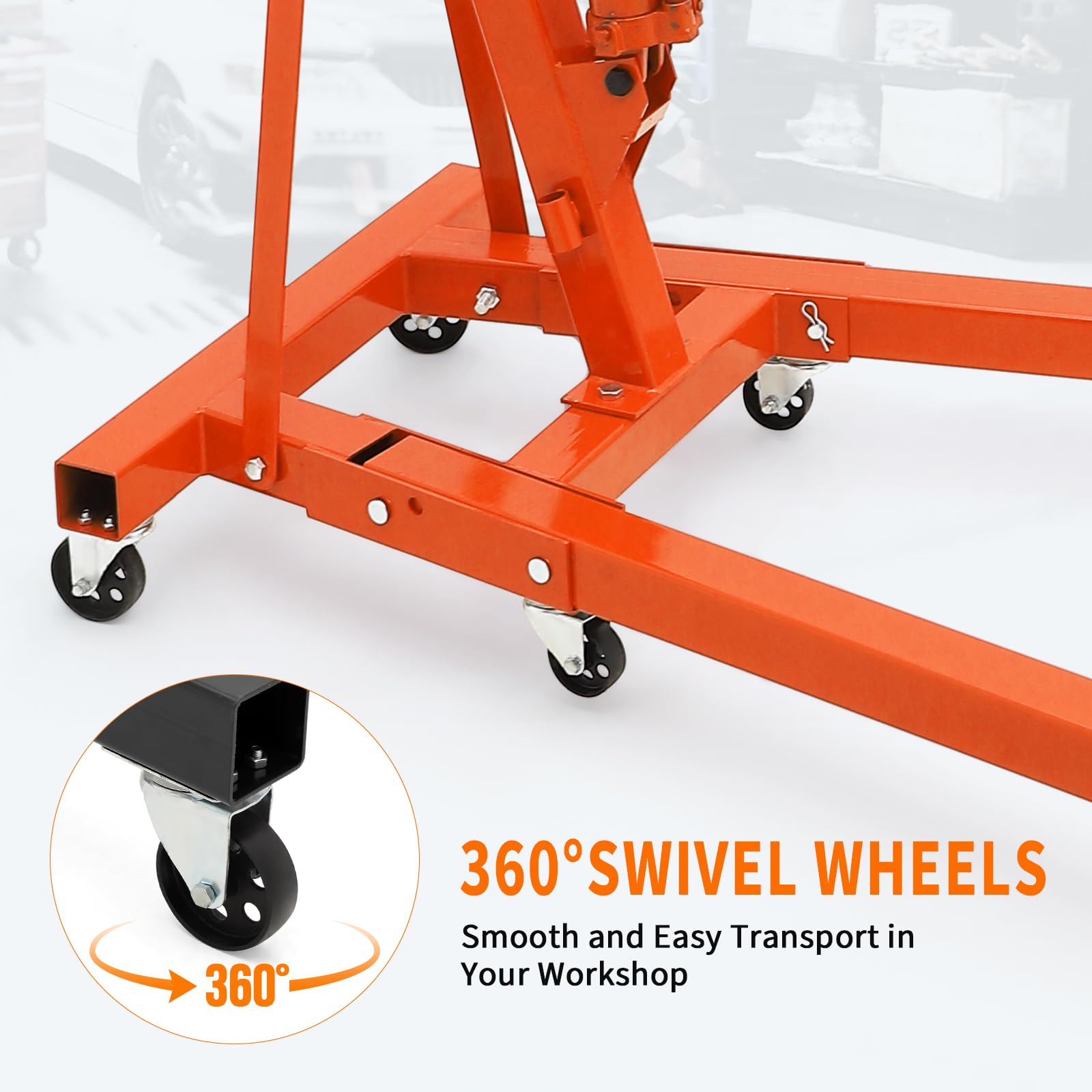Garvee 2-Ton Hydraulic Folding Engine Hoist Cherry Picker – 4400 Lb Capacity, Telescoping Boom, 6 Caster Wheels – Heavy Duty Shop Crane for Automotive Repair, Garage & Workshop – Orange without stabilizer, 2T