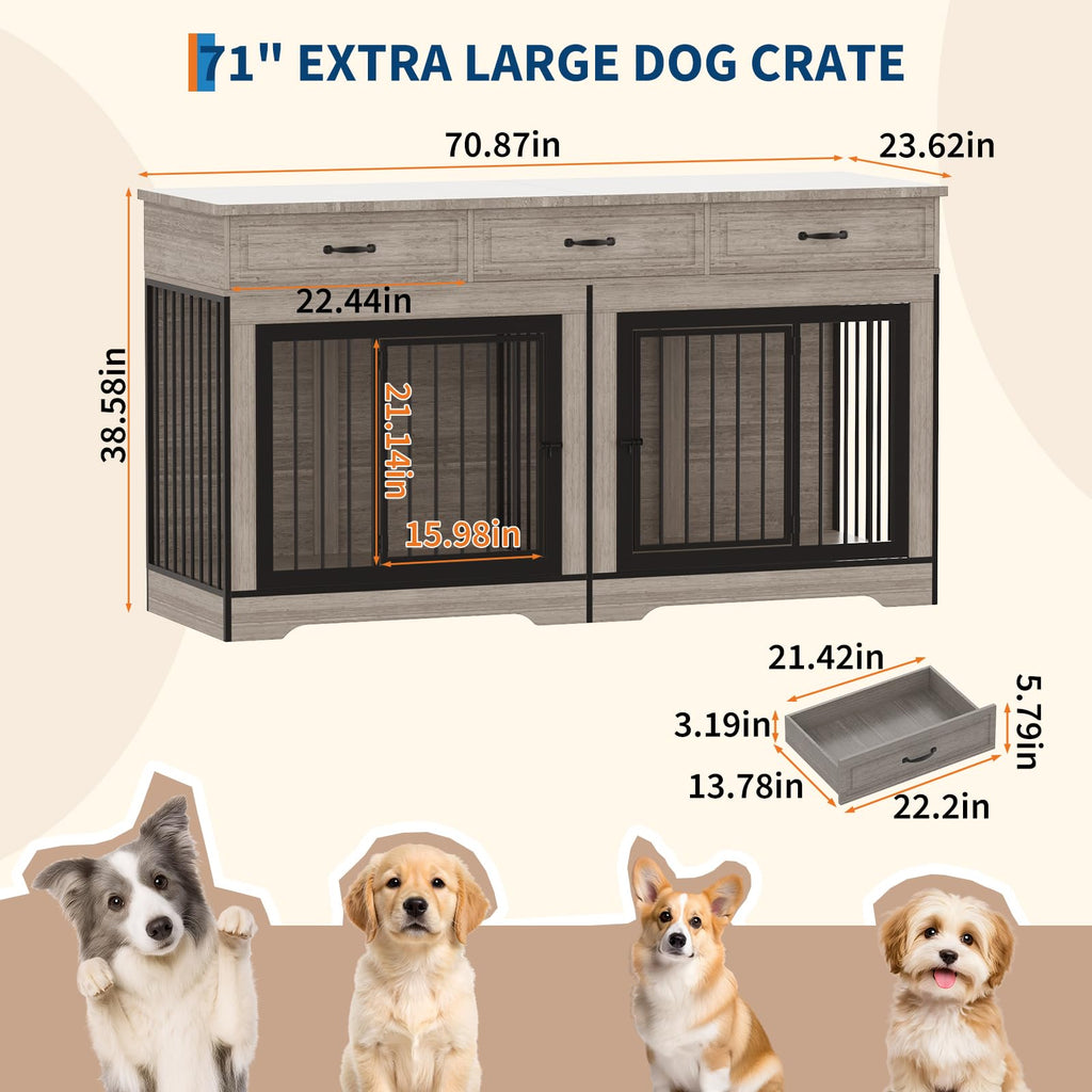 Garvee 71" Dog Crate Furniture for 2 Dogs, Heavy Duty Double Dog Kennel with 3 Drawers, Extra Large Furniture Style Indoor Dog Crate Table TV Stand  for Medium/Large Dogs, Light Gray