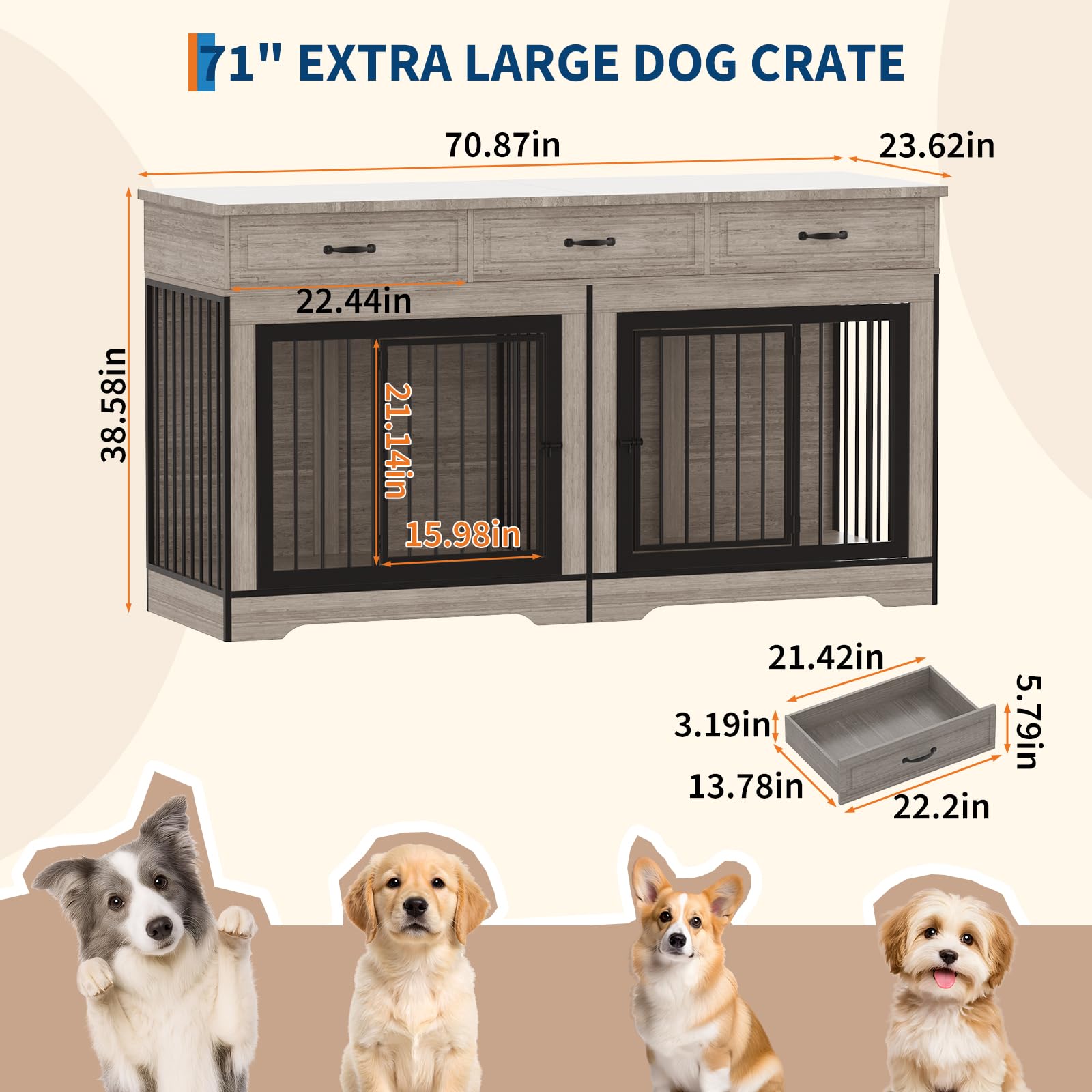 Garvee 71" Dog Crate Furniture for 2 Dogs, Heavy Duty Double Dog Kennel with 3 Drawers, Extra Large Furniture Style Indoor Dog Crate Table TV Stand  for Medium/Large Dogs, Light Gray