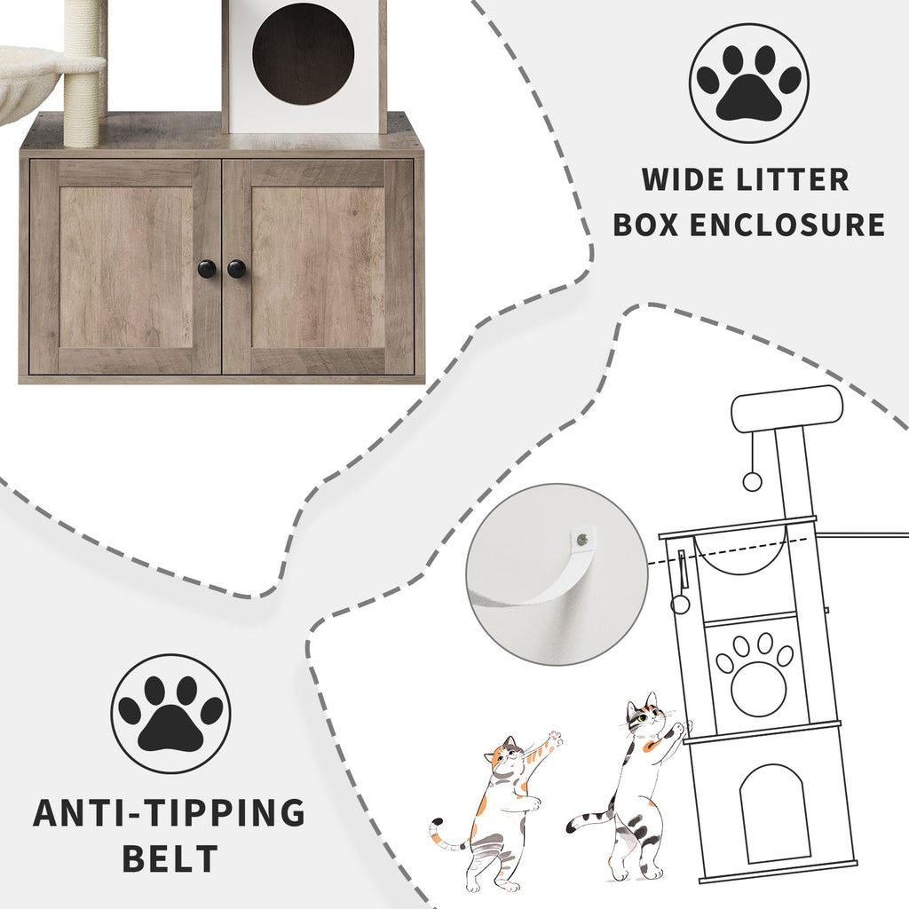 Garvee 54-Inch Litter Box Enclosure with Cat Tree, 2-in-1 Modern Large Cat Tower for Indoor Cats with Condo/Hammock/Scratching Post/Plush Perch/Caves, Wooden Hidden Litter Box Furniture, Grey