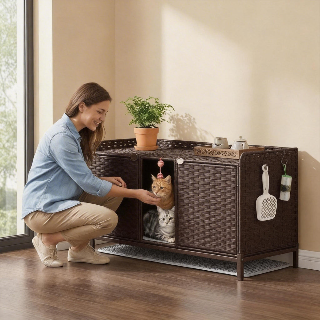 Garvee Handwoven Rattan Cat Litter Box Enclosure - Hidden Cat Washroom Cabinet with Door, Mat & S-Shaped Hooks - Spacious Stylish Cat Furniture for Living Room or Bedroom - Brown