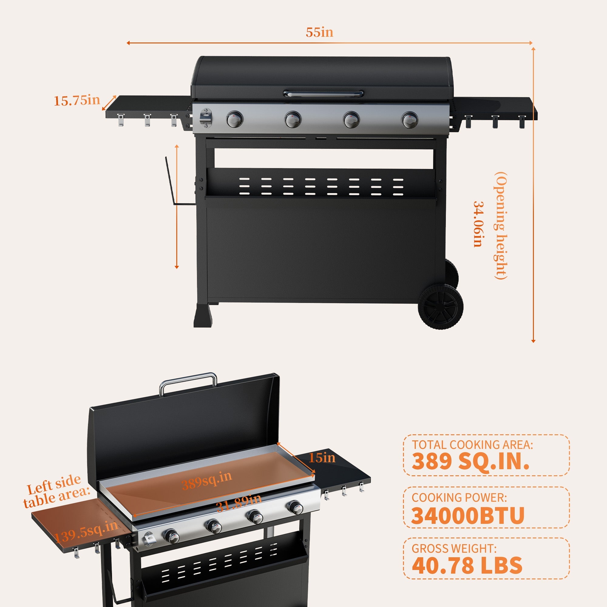 Garvee 4 Burner Propane Gas Griddle with Removable Cart – Convertible Flat Top Grill with Hood, 32,000 BTU Portable Griddle for Camping, Tailgating, Backyard – Black