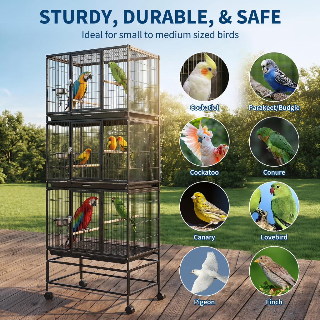 Garvee Heavy Duty Carbon Steel Bird Cage - 74 Inch Stackable Aviary with 3 Dividable Compartments, Removable Trays, Spacious Flight Enclosure for Parakeets, Cockatiels, Conures, Finches - Silver Black