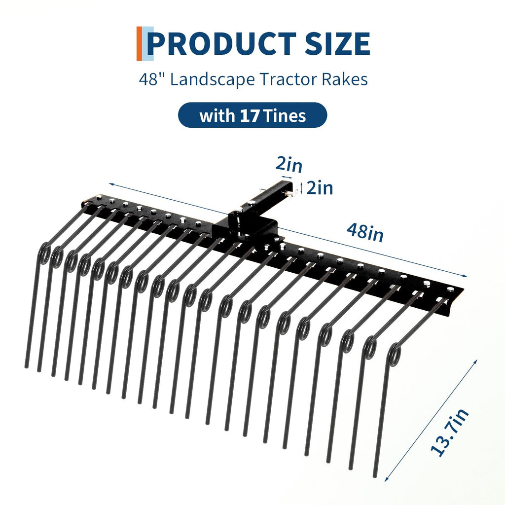 Garvee 48 in Pine Straw Rake Landscape Tool with 17 Spring Steel Tines, Steel Anti-Rust, Fits 2 in Receiver for Lawn Tractors ATV UTV