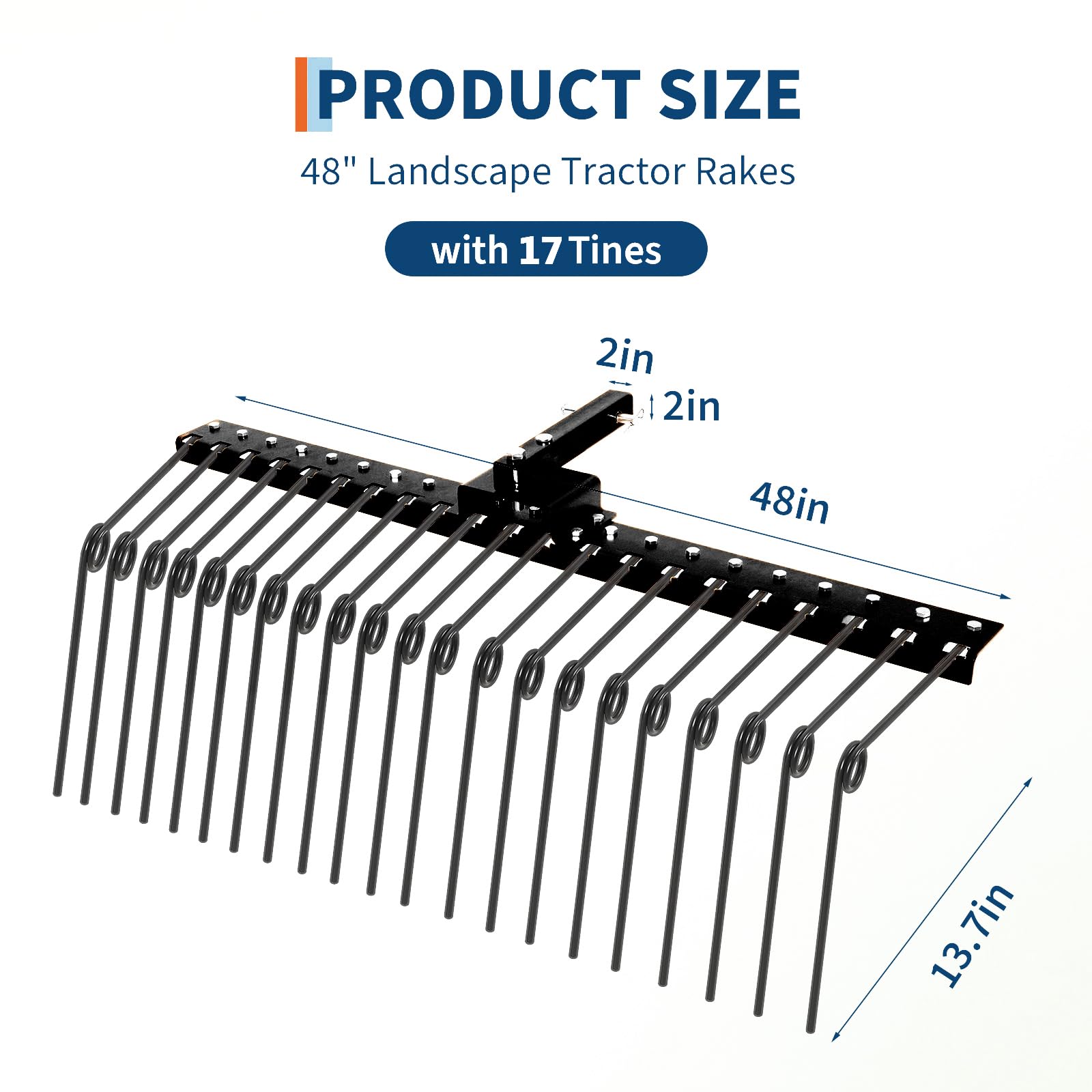 Garvee 48 in Pine Straw Rake Landscape Tool with 17 Spring Steel Tines, Steel Anti-Rust, Fits 2 in Receiver for Lawn Tractors ATV UTV