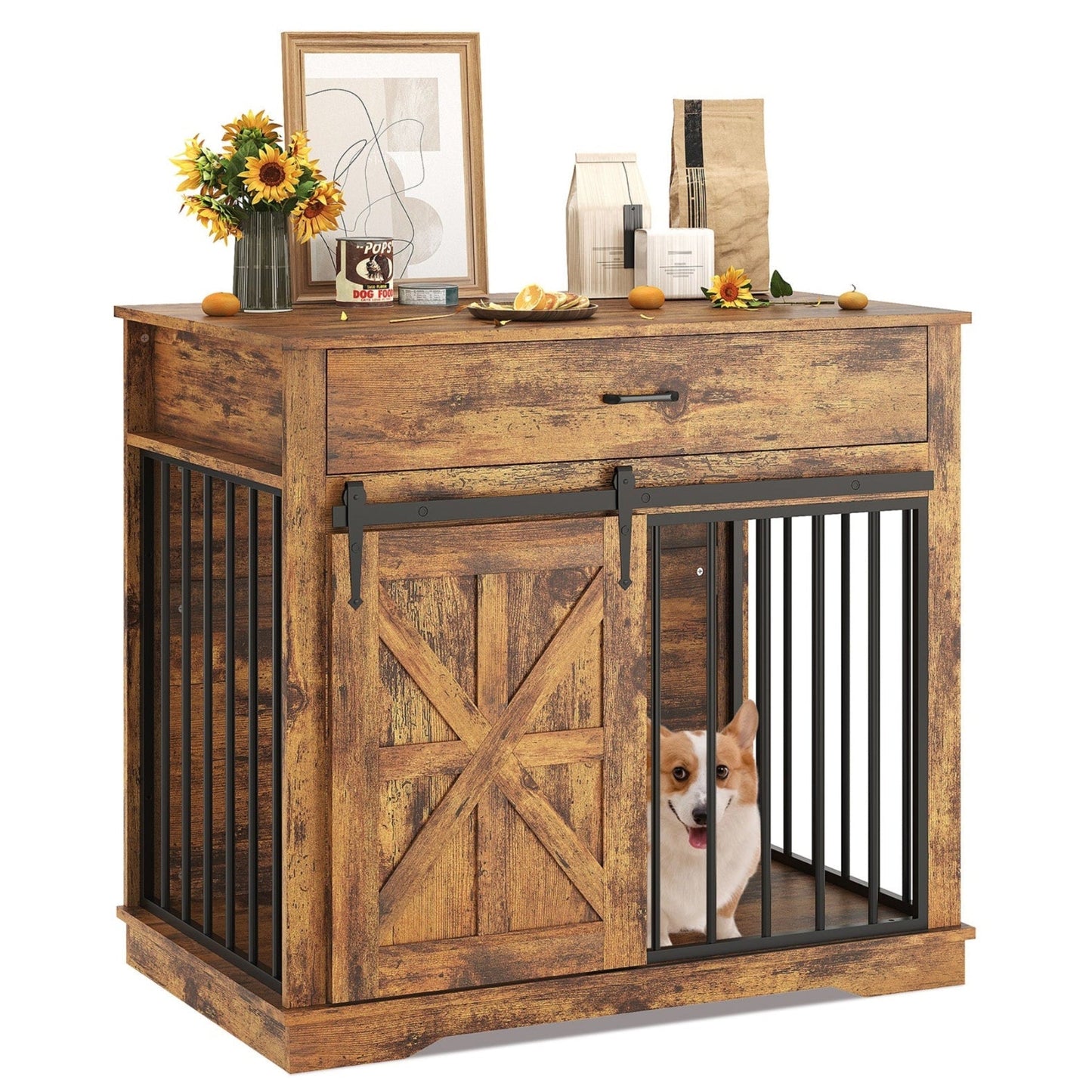Garvee 37.8"W Dog Crate Furniture for Small/Medium Dogs, 2-in-1 Iron-Wood Fusion Dog Cage Indoor As Side End Table, Farmhouse Dogs Kennel with Sliding Barn Doors & Storage Drawer, Brown