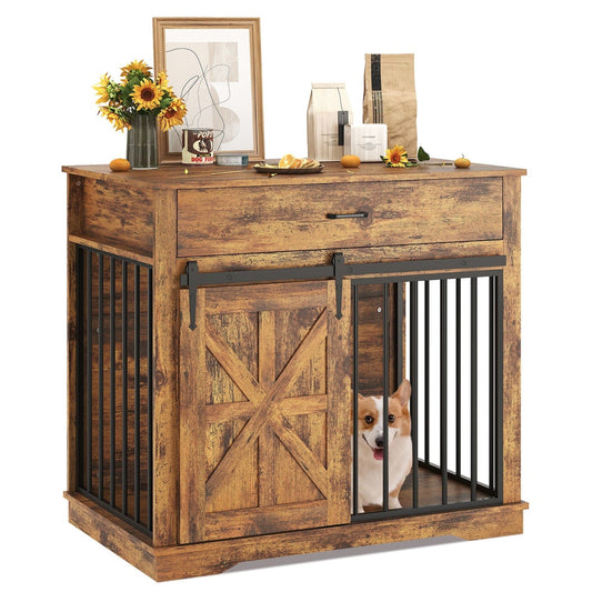 Garvee 37.8"W Dog Crate Furniture for Small/Medium Dogs, 2-in-1 Iron-Wood Fusion Dog Cage Indoor As Side End Table, Farmhouse Dogs Kennel with Sliding Barn Doors & Storage Drawer, Brown