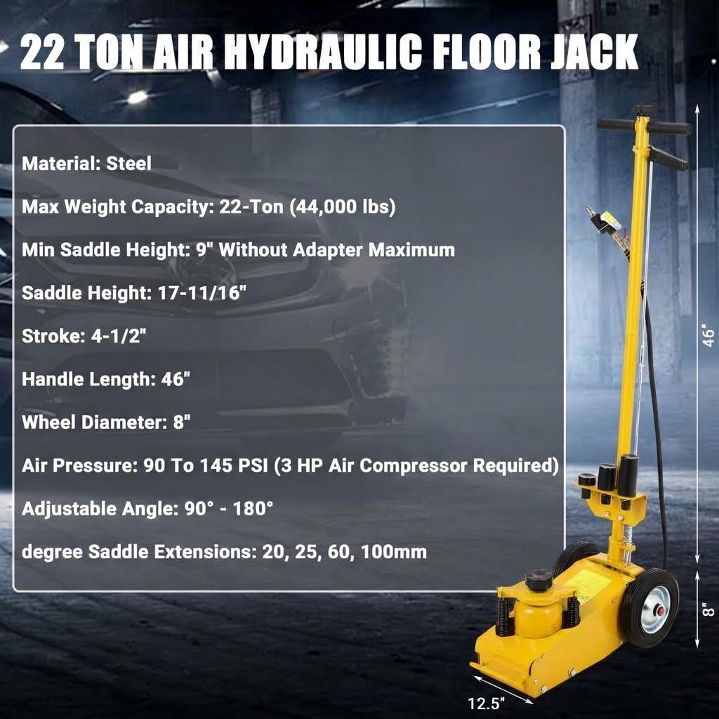 Garvee Air Hydraulic Floor Jack, 22-Ton(44,000 LBS) Low Profile 9 Inch Heavy Duty Jack for Trucks & Tractors, Dual Power Air/Manual Hydraulic with 4 Adapters, Adjustable 46" Handle & Rubber Wheels