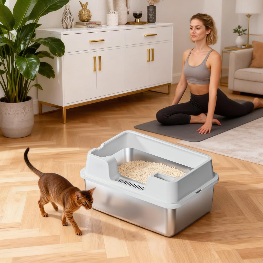 Garvee Extra Large Stainless Steel Cat Litter Box, High Side Litter Box with Non-Stick, Scoop & Odor-Resistant, Metal Cat Pan for Multiple Cats, Rabbits & Small Pets, Easy to Clean, White