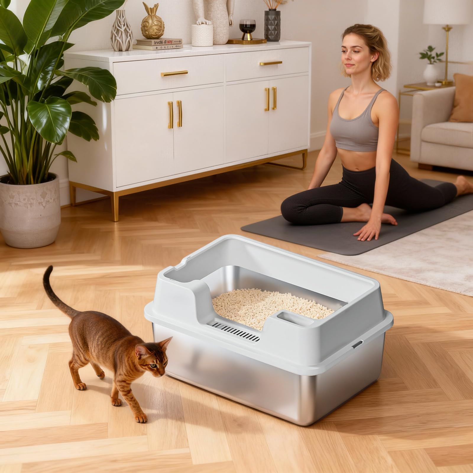 Garvee Extra Large Stainless Steel Cat Litter Box, High Side Litter Box with Non-Stick, Scoop & Odor-Resistant, Metal Cat Pan for Multiple Cats, Rabbits & Small Pets, Easy to Clean, White