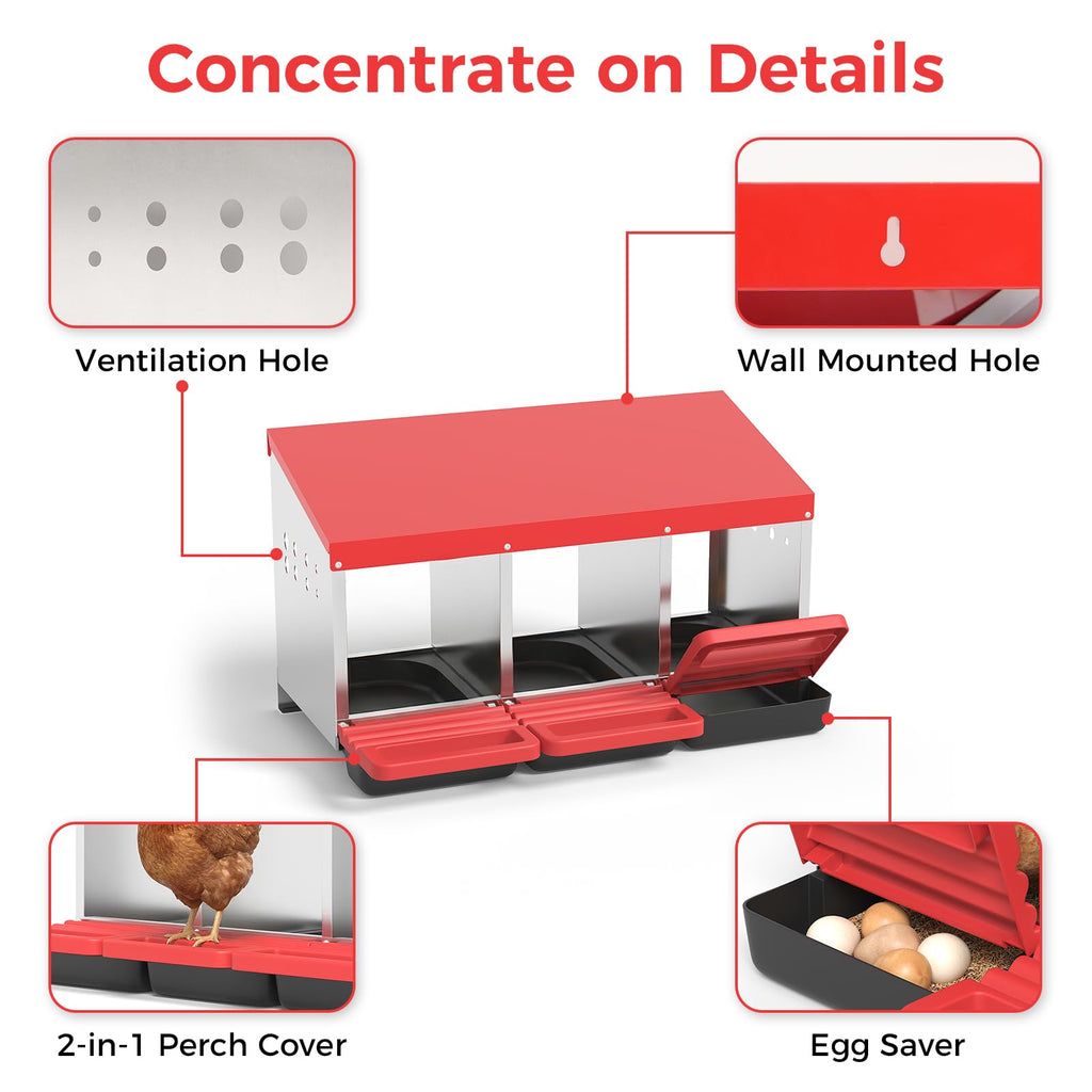 Garvee 3-Hole Metal Chicken Nesting Box, Roll Away Poultry Laying Box with Sloped Roof, 31.5"x20.5"x16.9", Red