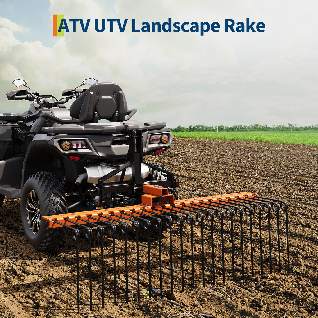 Garvee 60 in Pine Straw Rake with 21 Steel Spring Tines, Rust-Resistant Steel, Fits 2 in Receiver for Lawn Tractors & ATV/UTV, Orange, Landscape Use