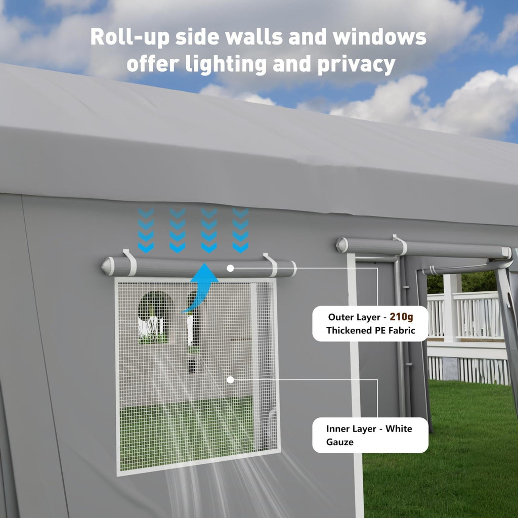 Garvee 10 x 20 FT Carport Replacement Cover Kit, 200G PE Tarp with Front & Rear Zipper Doors, 2 Roll-Up Side Openings and 4 Mesh Windows, Gray, Frame Not Included
