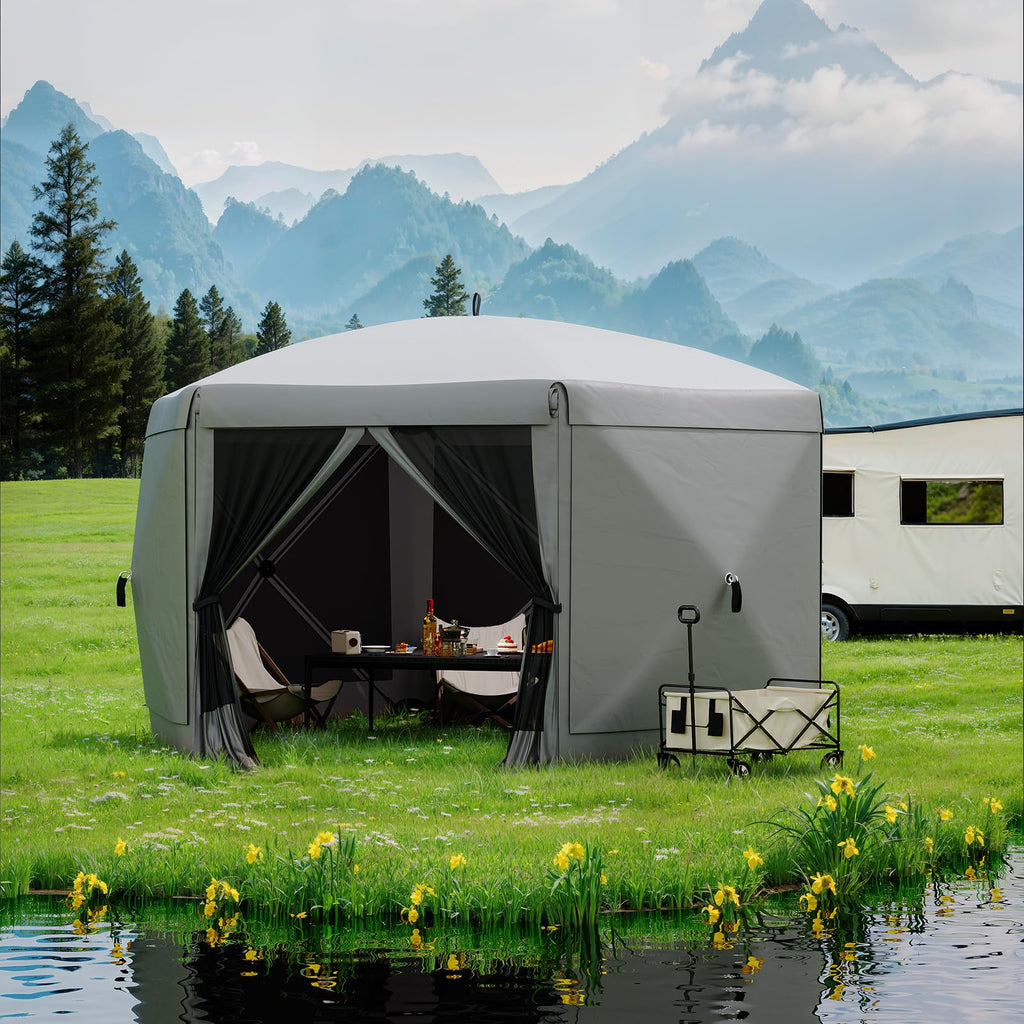 Garvee 13 × 13 ft Screen Tent, Instant Pop-Up Outdoor Canopy with 6 Removable Wind Panels, Mesh Walls & Carry Bag for Camping, Backyard and Patio, Grey