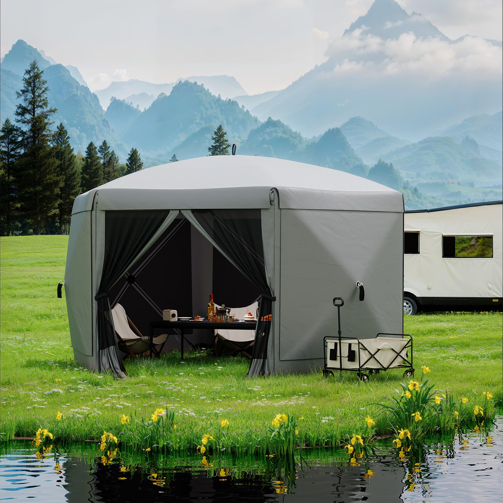 Garvee 13 × 13 ft Screen Tent, Instant Pop-Up Outdoor Canopy with 6 Removable Wind Panels, Mesh Walls & Carry Bag for Camping, Backyard and Patio, Grey
