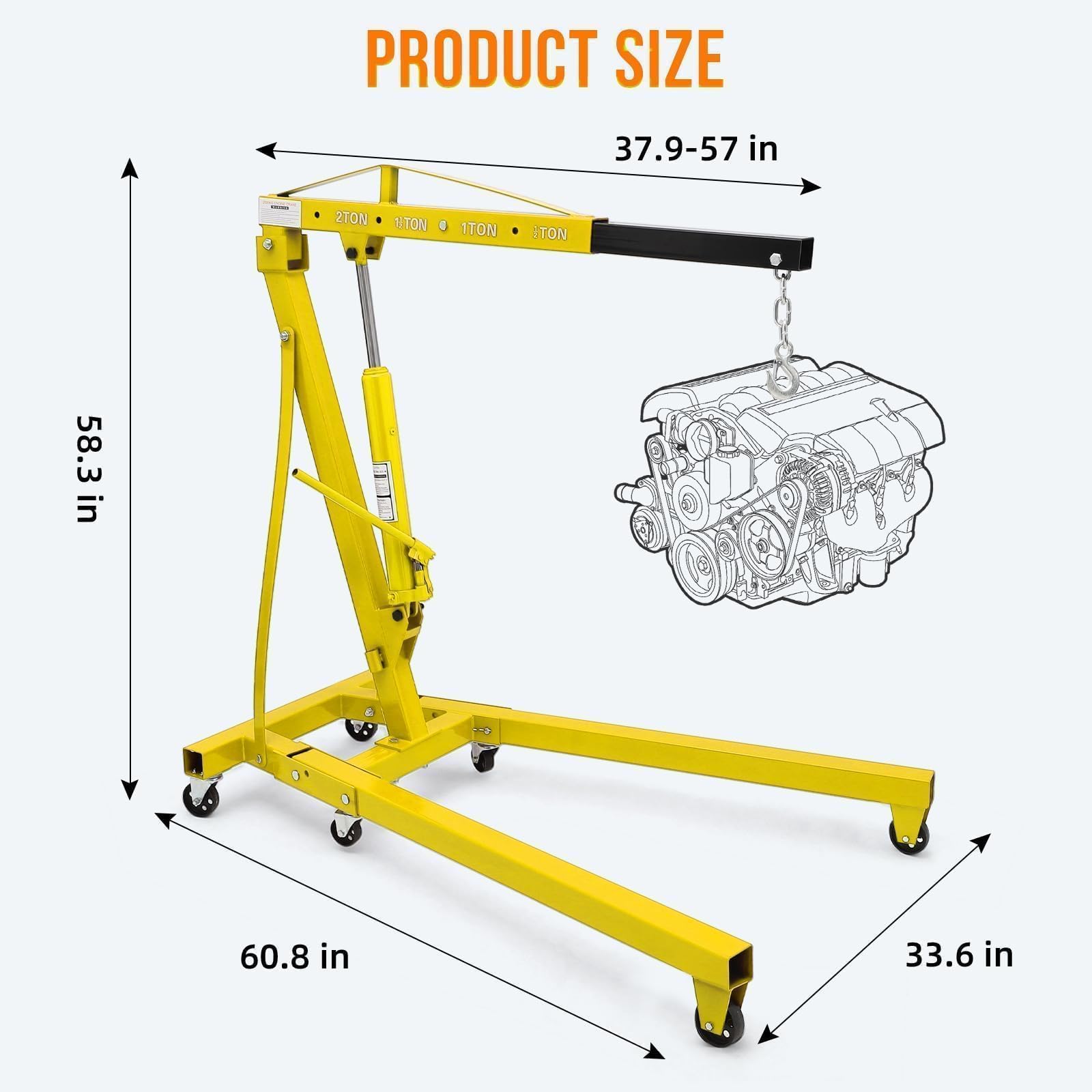 Garvee Heavy Duty Hydraulic Engine Hoist 2 Ton - Folding Cherry Picker Shop Crane - 4400 lbs Capacity, Telescopic Boom, 6 Caster Wheels - Automotive Garage Workshop Lift, Yellow without Load Distributor Unit, 2T