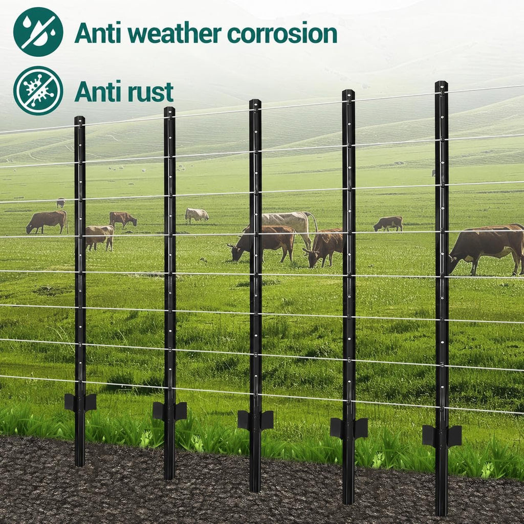 Garvee Heavy Duty U-Channel Steel Fence Posts 8-Pack – 5 FT with Anchor Plates – No-Dig Metal Stakes for Garden, Yard, Farm – Durable Outdoor Fencing – Black, 5 Feet (152.4 cm)