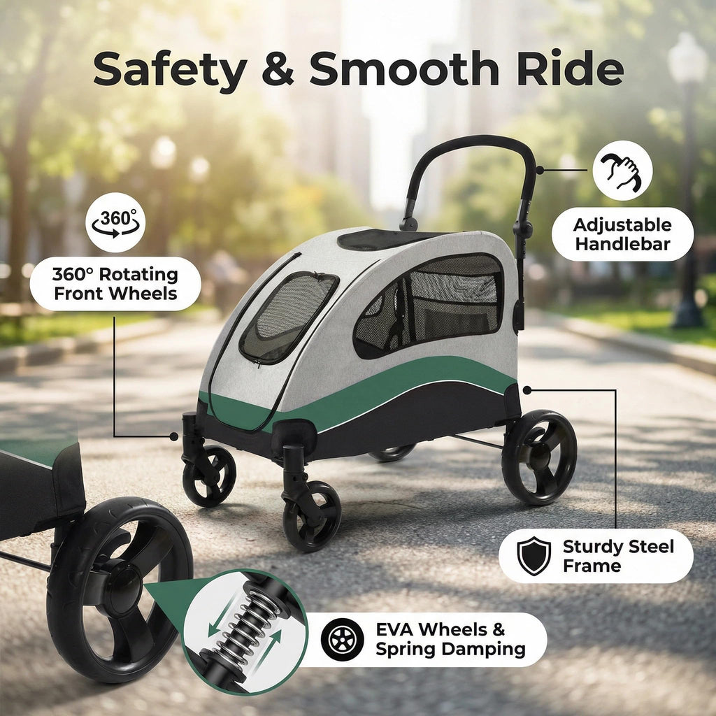 Garvee Foldable Dog Stroller, Large Dog Carrier with 360° Wheels, Adjustable Handle & Storage Pocket, Portable Puppy Travel Strollers, Pet Wagon for Large Dogs, 135 Lbs Capacity, Green