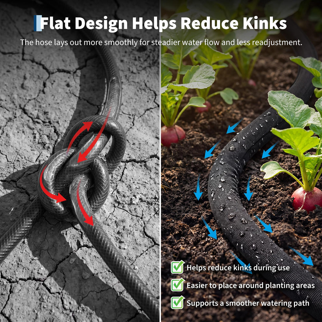 Garvee Flat Soaker Hose for Flower Beds & Vegetable Rows, 75 FT Linkable Drip Hose with Flexible, Kink-Resistant and Leakproof Design