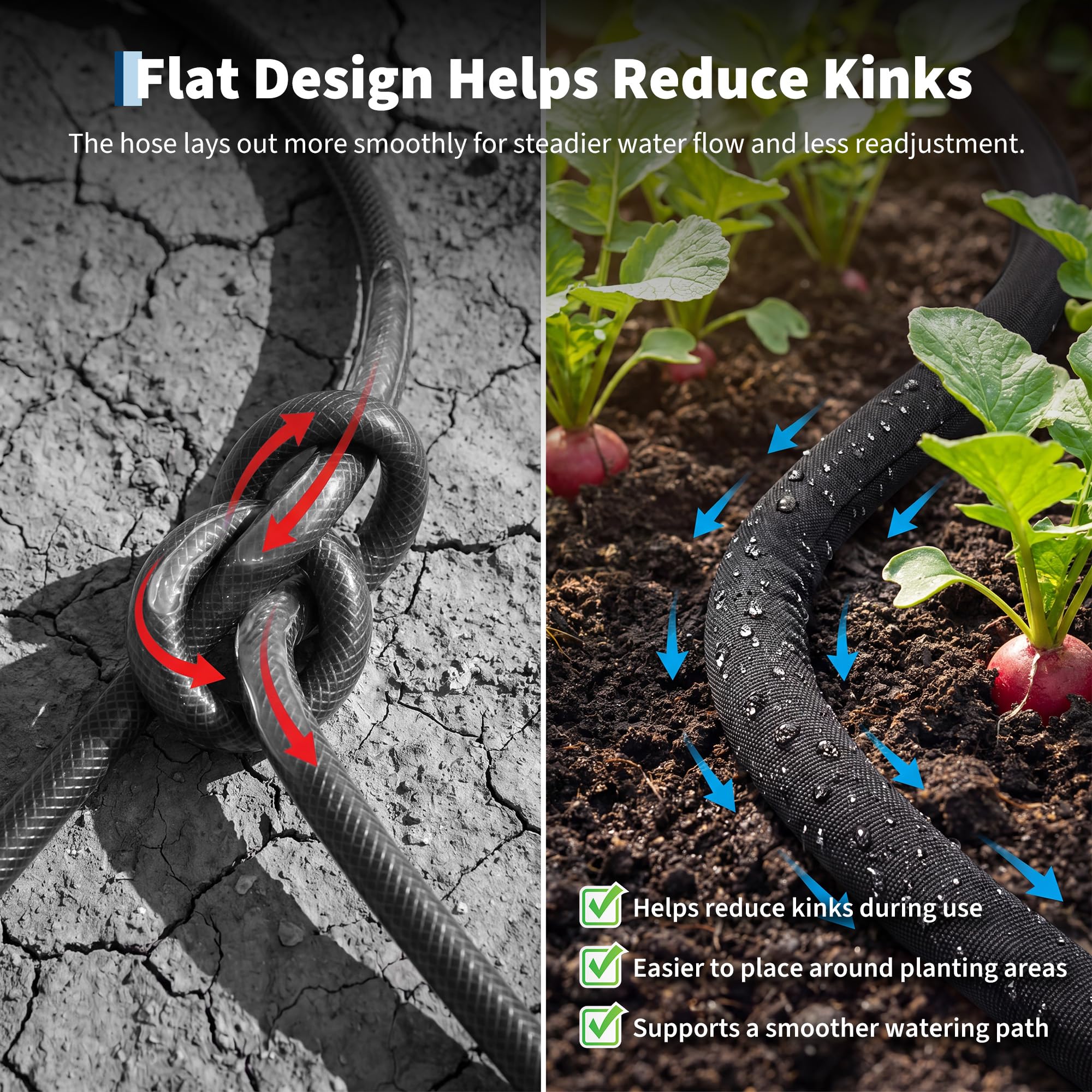 Garvee Flat Soaker Hose for Flower Beds & Vegetable Rows, 75 FT Linkable Drip Hose with Flexible, Kink-Resistant and Leakproof Design