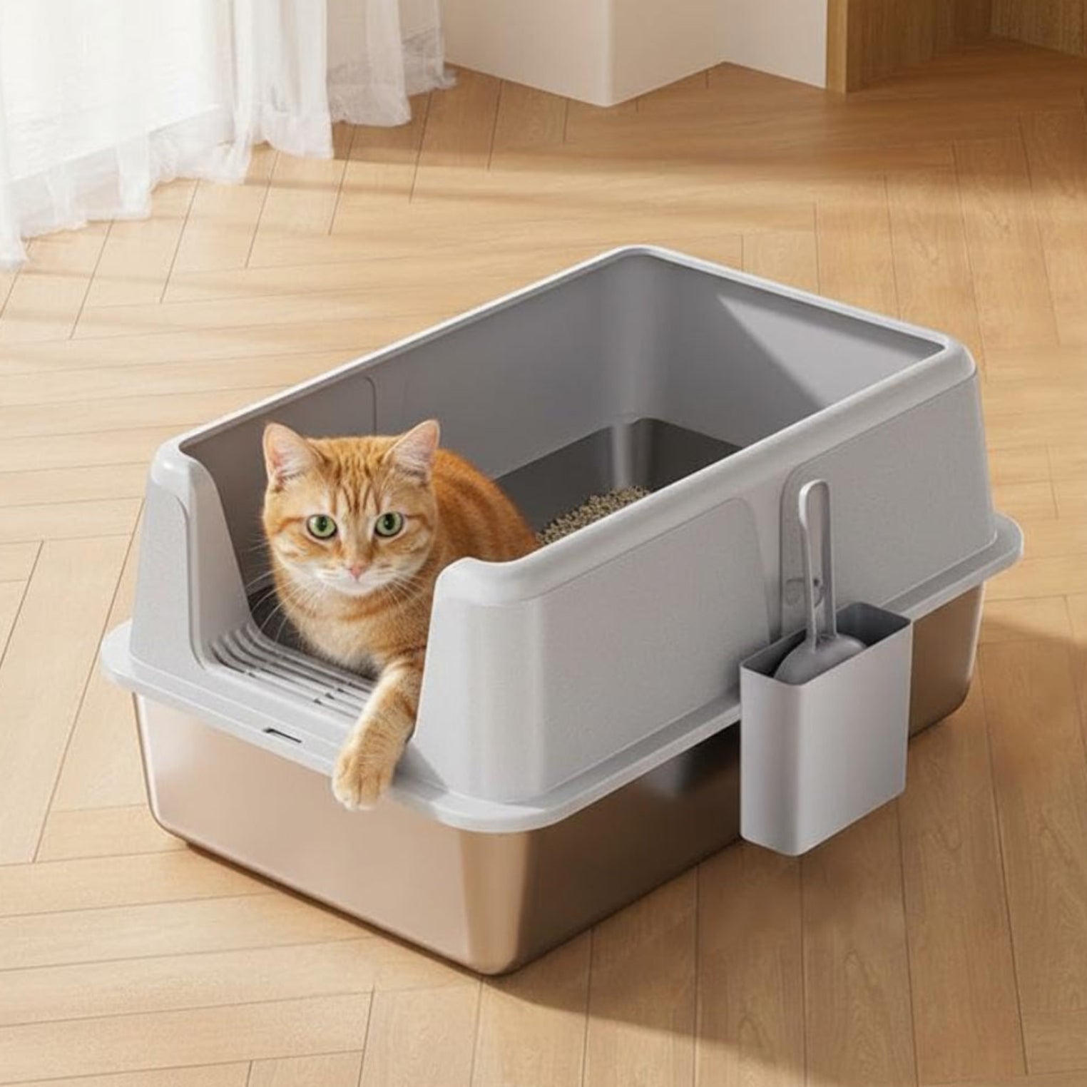 Garvee Non-Stick Stainless Steel Litter Box, Side Opening Splash-Proof & Leak-Proof Large Metal Cat Litter Box with Lid & Scoop, Easy-Clean & Durable, 6" Deep Gray