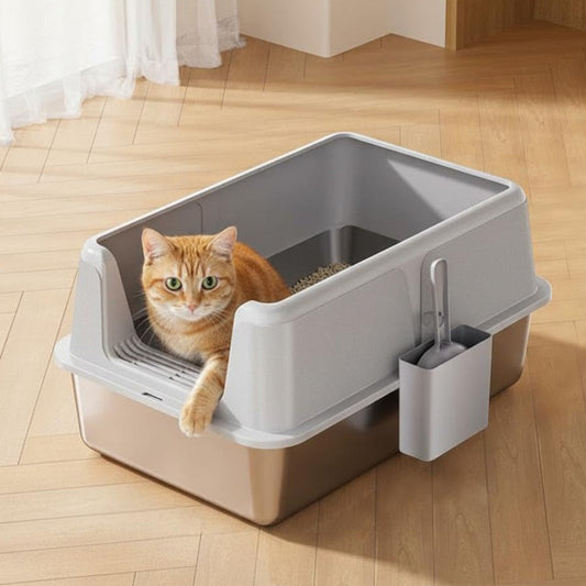 Garvee Non-Stick Stainless Steel Litter Box, Side Opening Splash-Proof & Leak-Proof Large Metal Cat Litter Box with Lid & Scoop, Easy-Clean & Durable, 6" Deep Gray