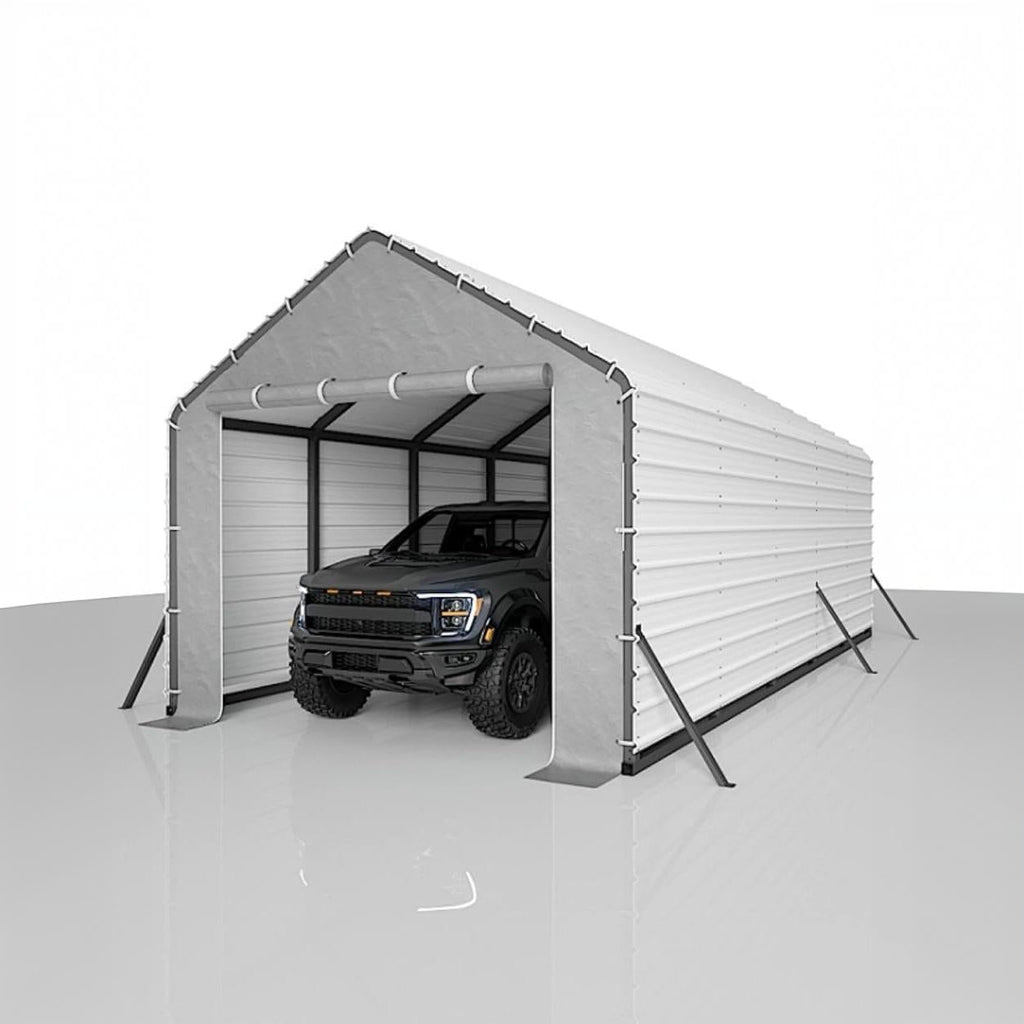 Garvee Carport Door Panel for 13 FT Wide Shelters, Heavy-Duty PE Tarp Enclosure with Zippered Opening, Ball Bungees, Waterproof UV-Resistant Gray Design
