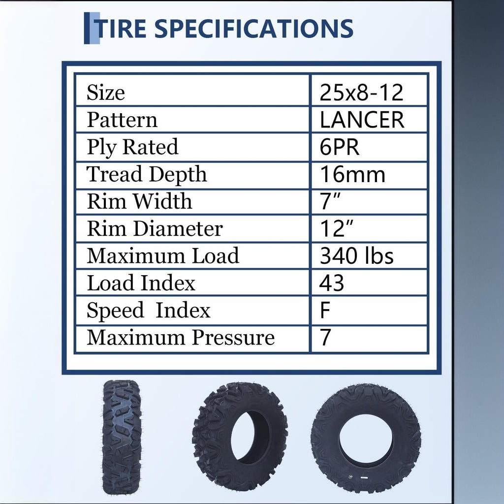 Garvee Superior Off-Road Traction ATV/UTV Tire Set - 25x8x12, 6PR Tubeless, Deep 15mm Step, Puncture & Abrasion Resistant, For Mud, Sand & Trail, Fits Polaris Ranger, Utility Farm Vehicles