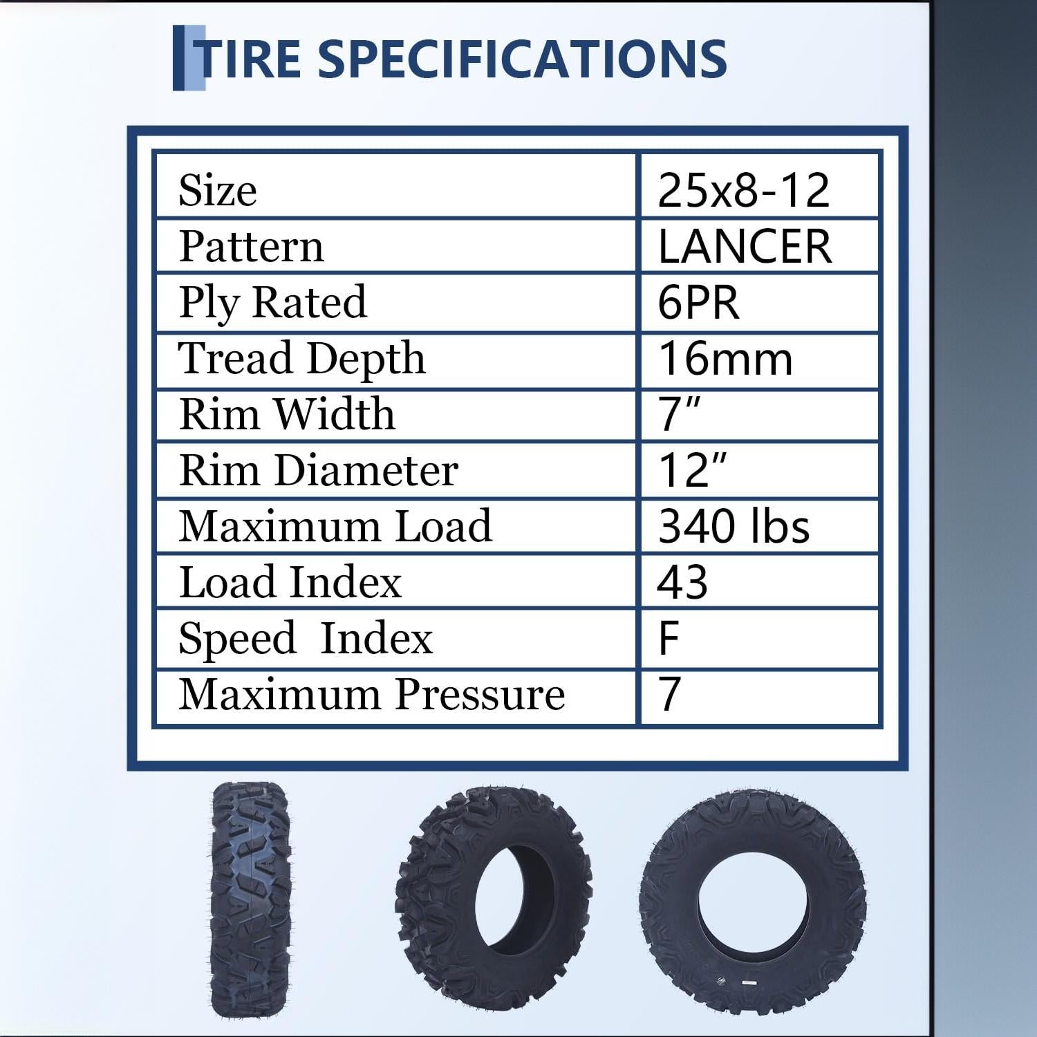 Garvee Superior Off-Road Traction ATV/UTV Tire Set - 25x8x12, 6PR Tubeless, Deep 15mm Step, Puncture & Abrasion Resistant, For Mud, Sand & Trail, Fits Polaris Ranger, Utility Farm Vehicles