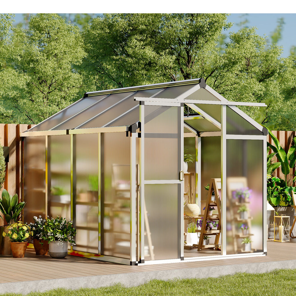 Garvee Walk-In Polycarbonate Greenhouse for Outdoors, Heavy Duty Aluminum Greenhouse with Adjustable Roof Vent & Lockable Door, UV-Protected Backyard Green House for Garden, Patio & Lawn, Easy Assembly, Silver