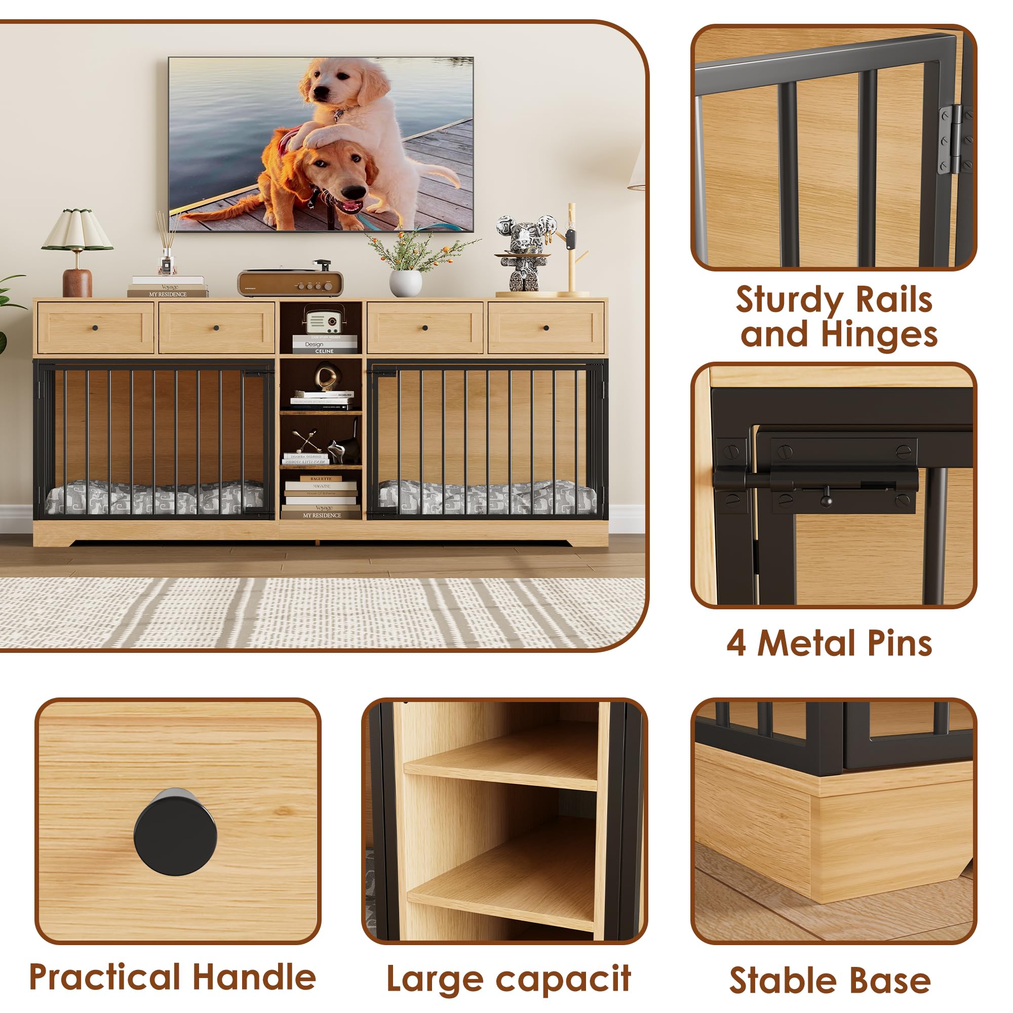 Garvee 82” Large Dog Crate for 2 Dogs, Dog Kennel Indoor with 4 Drawers and Shelves, Double Dog Crate Furniture TV Stand, Wooden Dog Cage for Medium Large Dogs, Natural