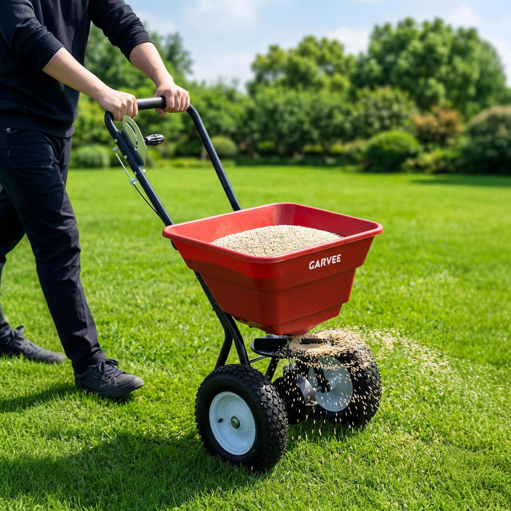 Garvee 80 lb Push Broadcast Spreader, Walk-Behind Lawn & Garden Spreader with 29 L Hopper, 0–12 ft Coverage, 13" All-Terrain Wheels & 20-Level Flow Control for Seed, Fertilizer, Salt & Ice Melt, Red