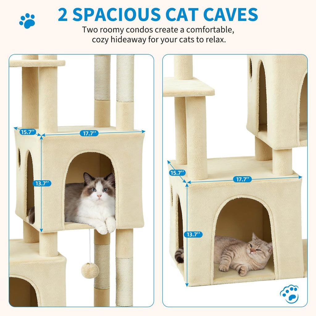 Garvee 61" Multi-Level Cat Tree for Indoor Cats, Heavy-Duty Tower for Large Adult & Maine Coon Cats with Oversized Perch, Dual Condos, Natural Sisal Scratching Posts & Play Toys – Beige