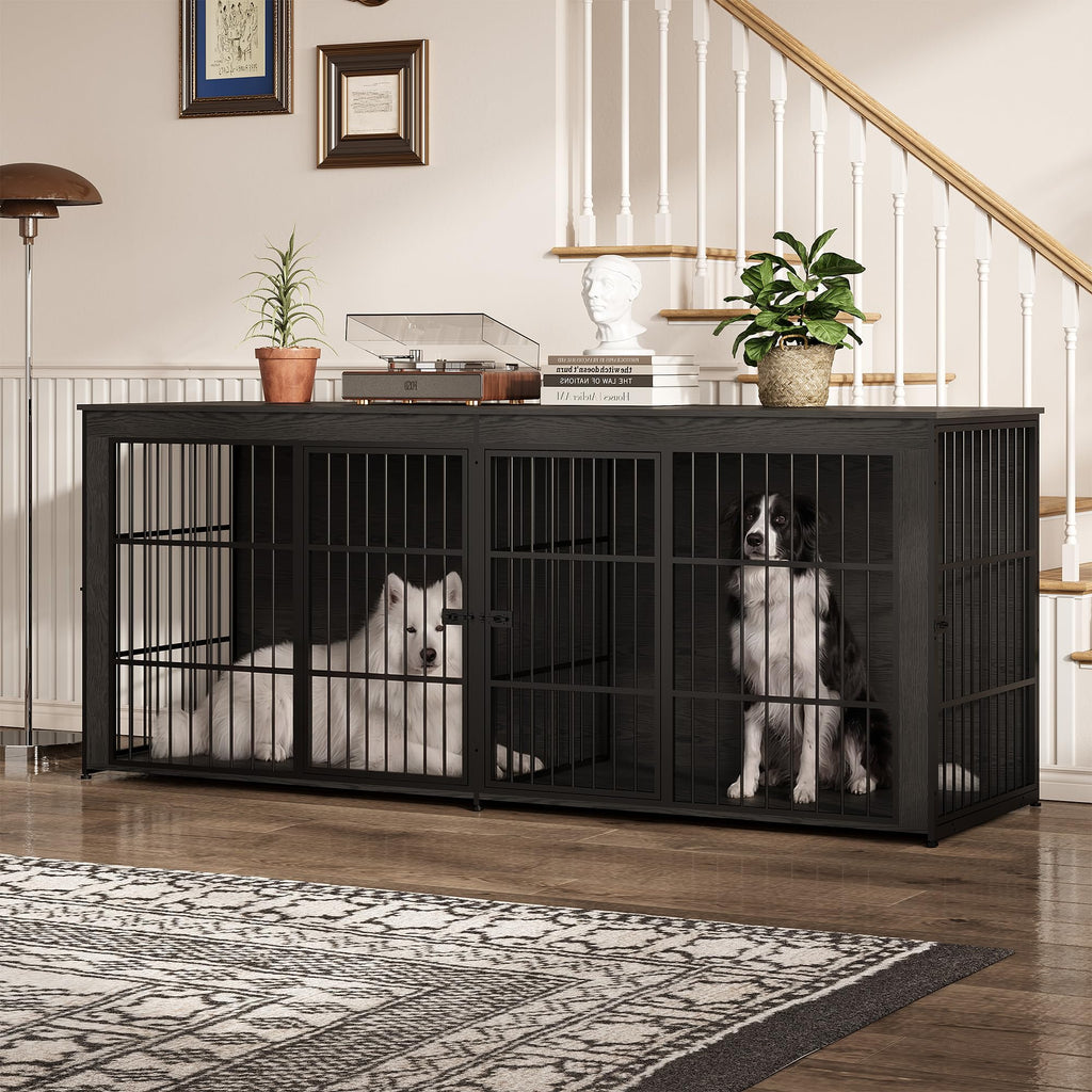 Garvee 94.5" Extra Large Dog House Furniture, Heavy Duty Wooden Dog Kennel Indoor End Table, TV Stand  for Large/Medium Dogs, 4 Doors, Divider, Storage, Adjustable Feet, Gray